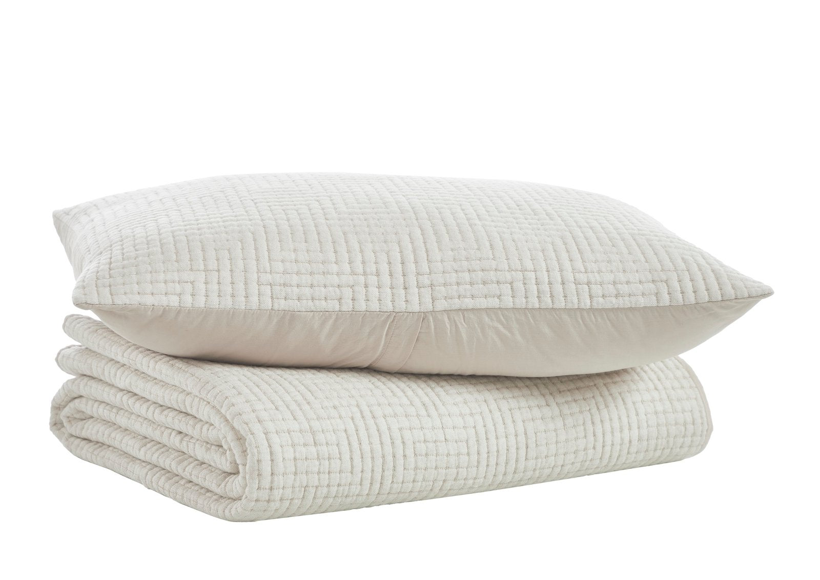 CL-259-11096_5|Folded off-white textured geometric pattern coverlet and matching pillow for a cozy, stylish bedding set.