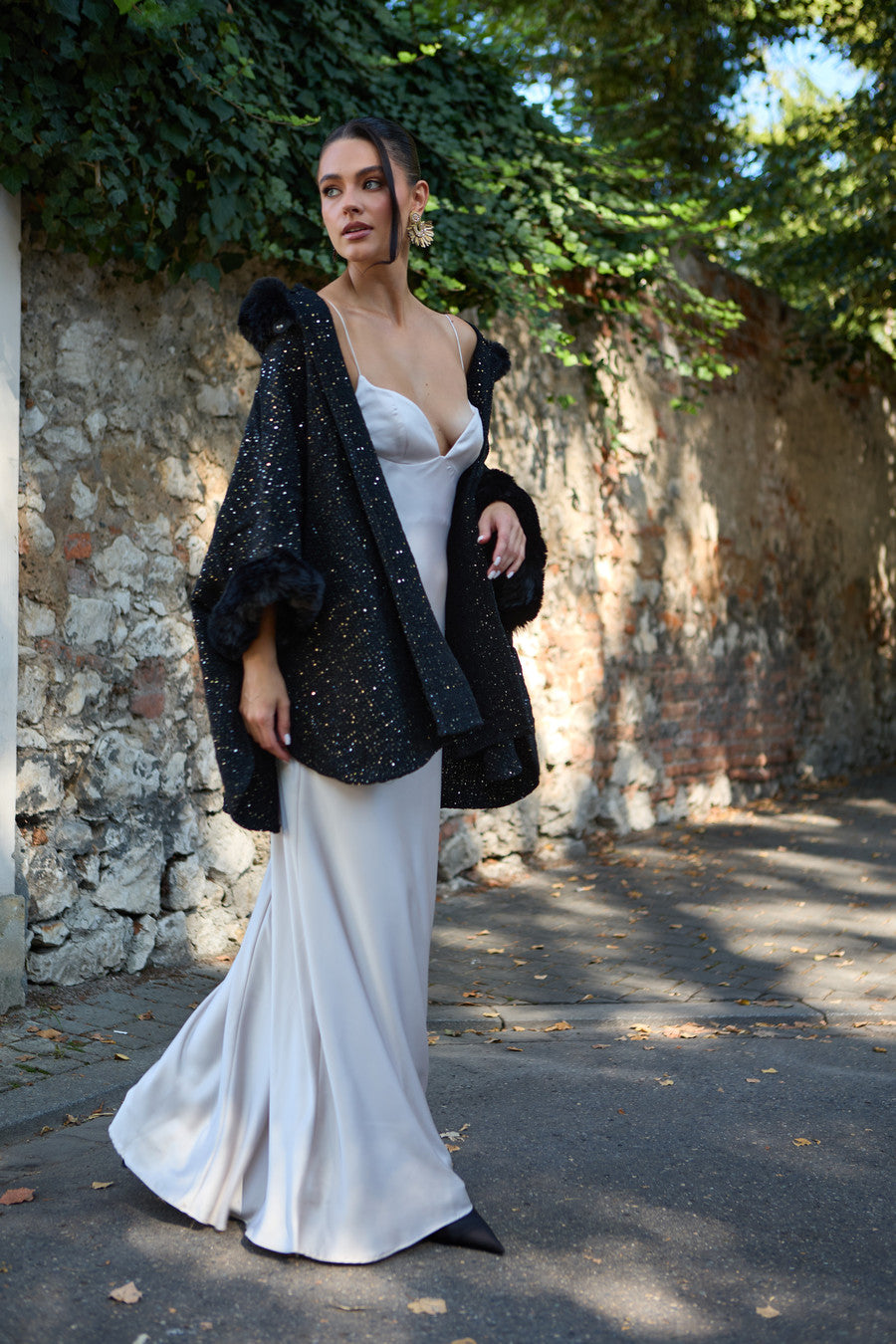 Sequin Kimono Faux Fur Hood - Black