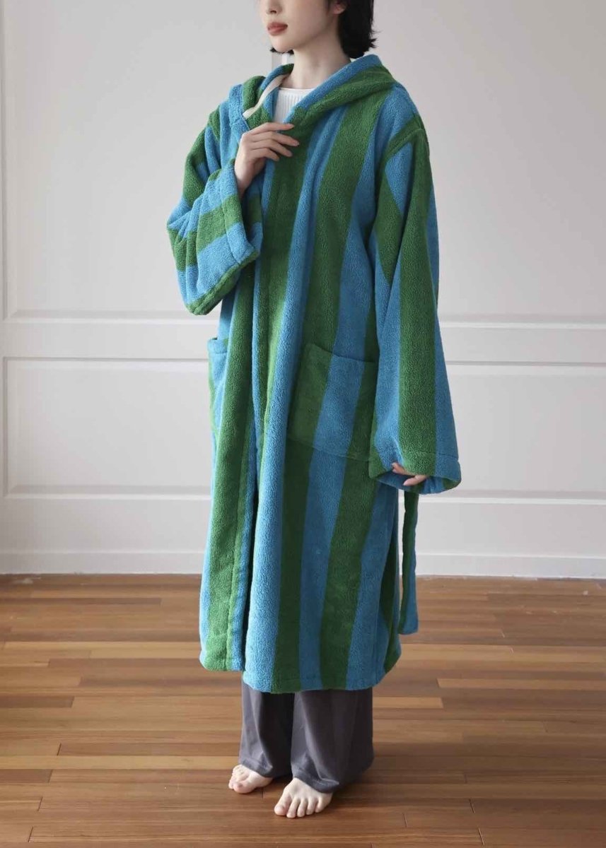Ultra Soft Retro Whimsical Stripe Bath Robe - 100% Organic Long - stapled Cotton - Retro Whimsical Stripe Bath Robe - Blue & Green Stripe - INSPECIAL HOME