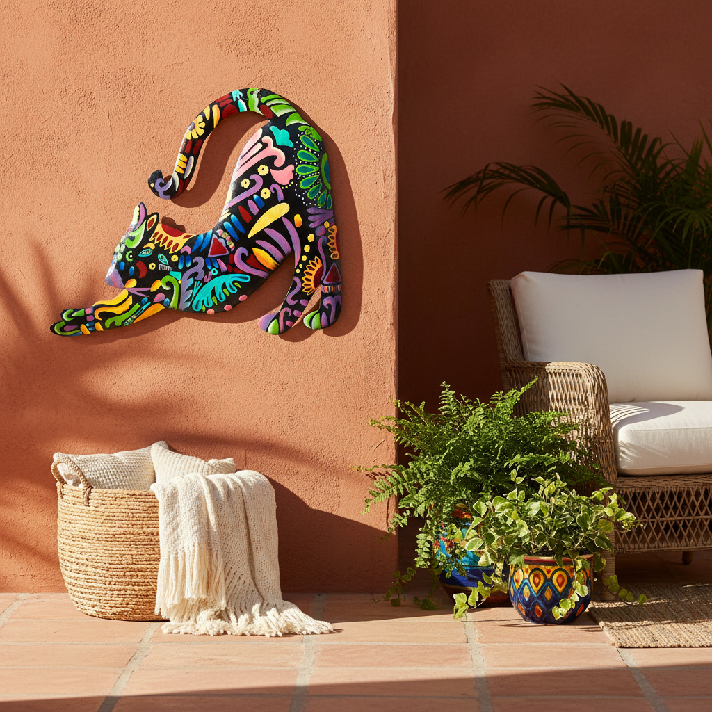 Vivid Cat Stretching painted metal art on a sunlit boho patio with potted plants and rattan decor