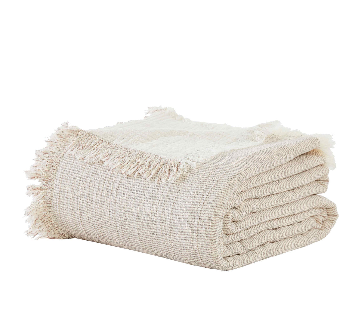 BT-112-9496_4|Folded light beige striped throw blanket with decorative fringed edges, soft cotton texture, ideal for cozy home decor.
