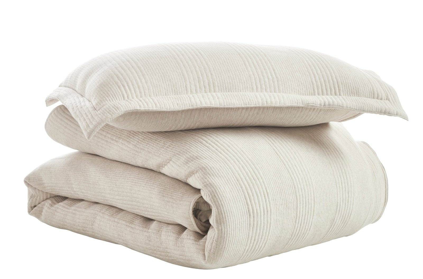 DT-040-10692_7|Neatly stacked beige ribbed duvet cover and matching pillow, crisp bedding, providing a serene bedroom ambiance.