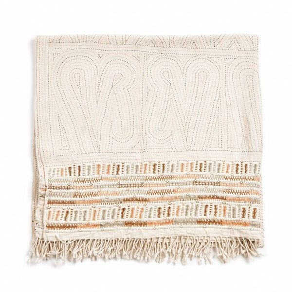 Unah Coral Fully Hand Embroidered Handwoven Organic Cotton Throw featuring intricate handwork and colorful borders.