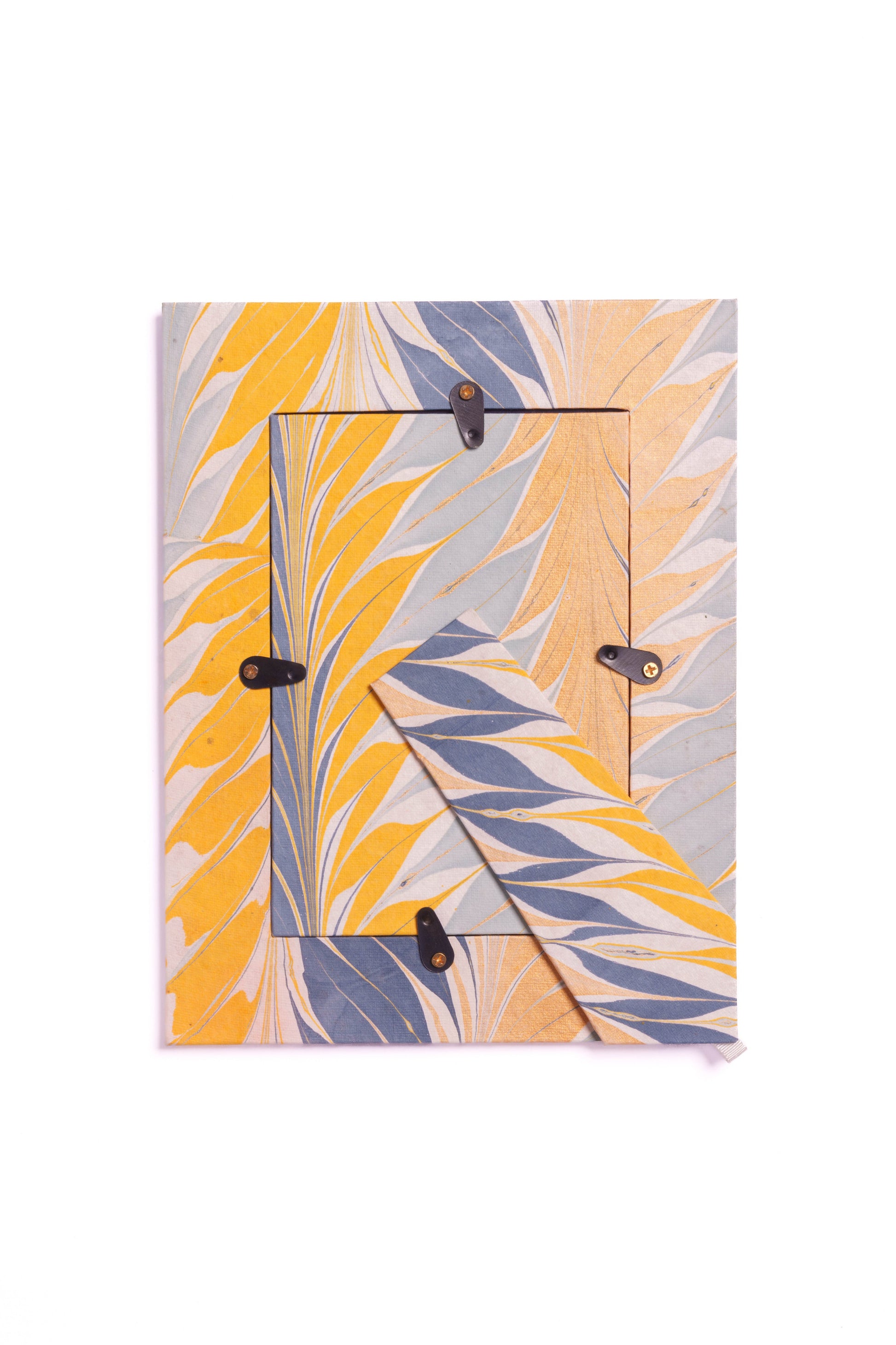 Hand-marbled blue and gold 4x6 picture frame with decorative hinges