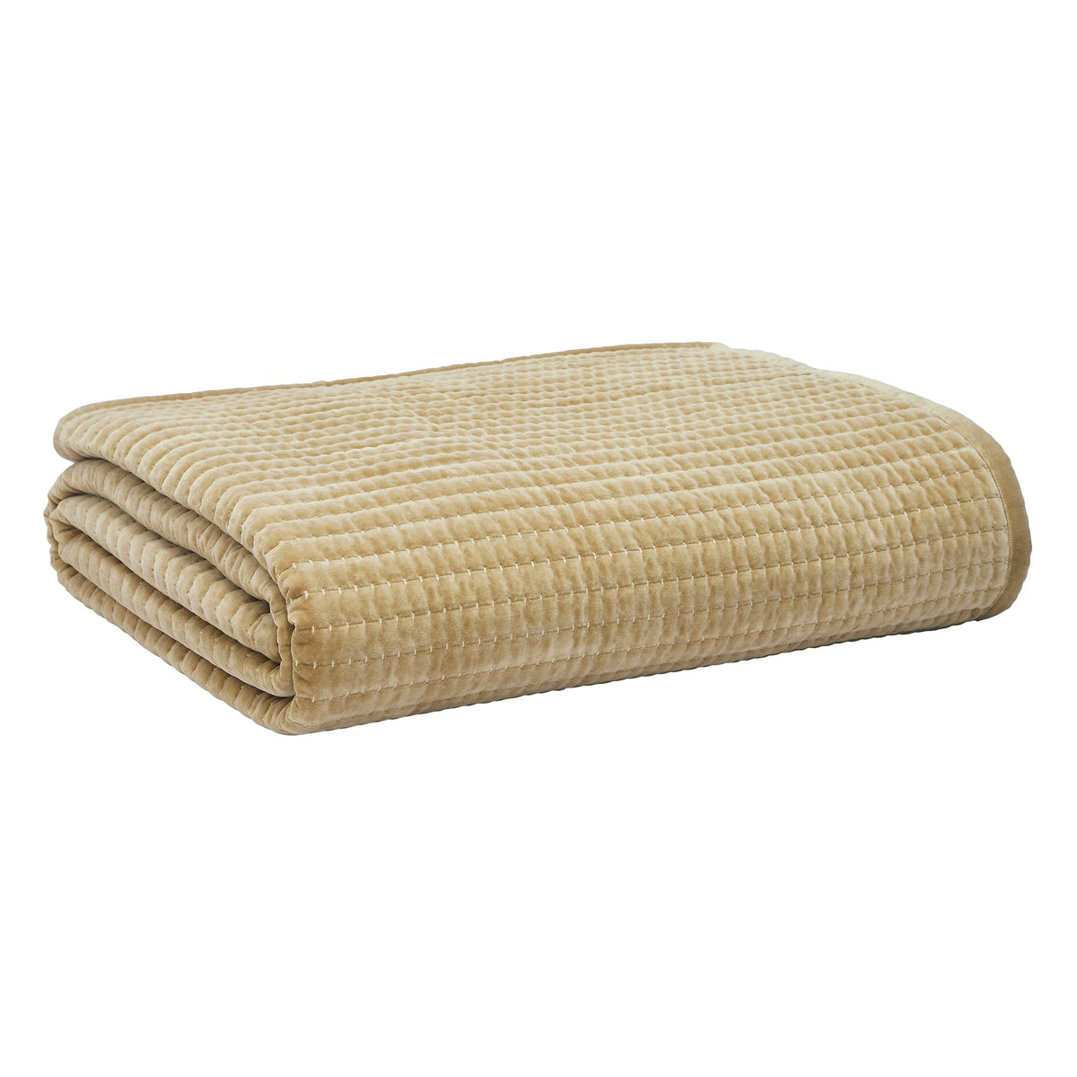 CL-267-11096_8|Folded tan velvet quilted coverlet for luxurious bedroom comfort, featuring a plush texture and elegant design.