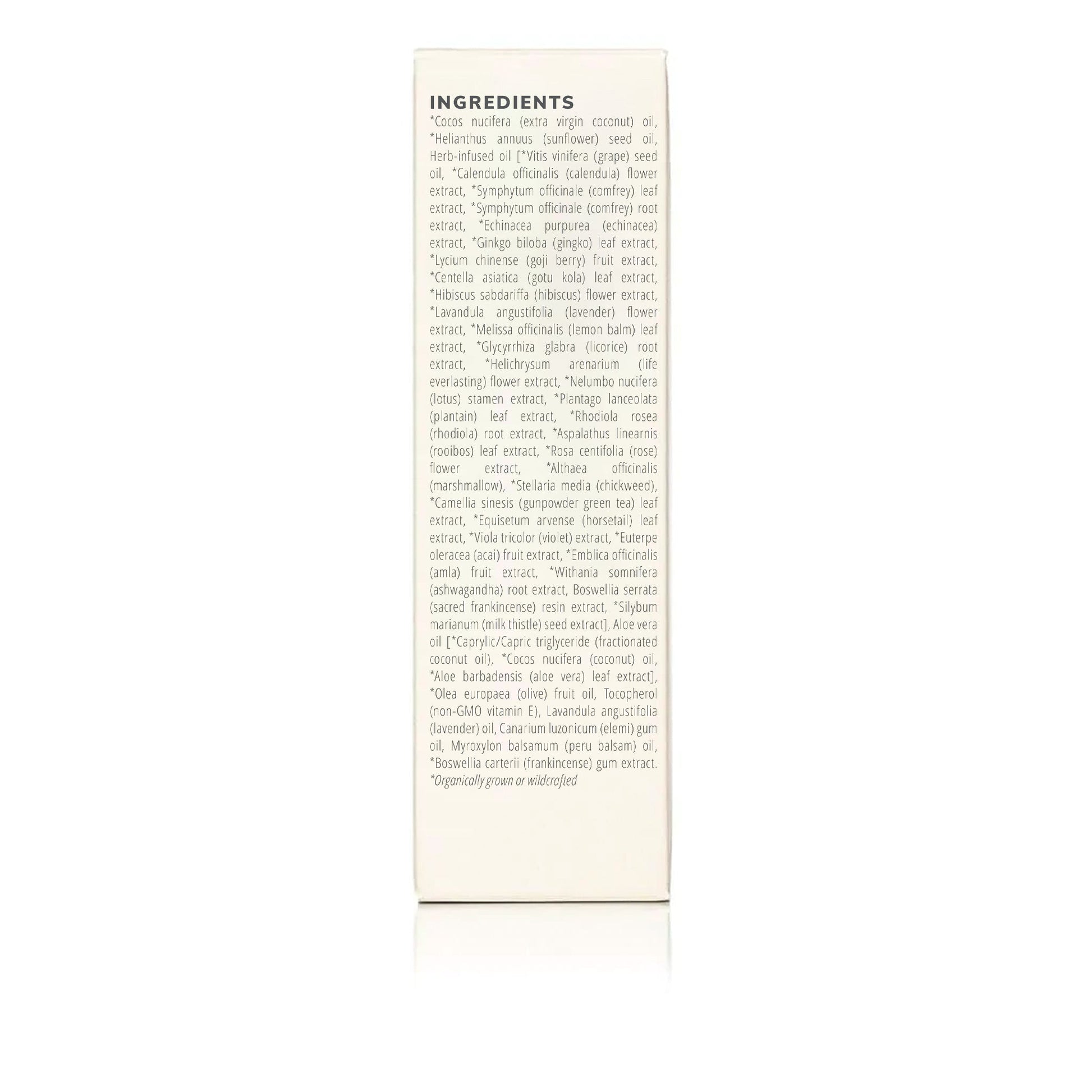Coconut Body Oil ingredient list panel with coconut oil, sunflower oil, botanical extracts, and herbal infusions.
