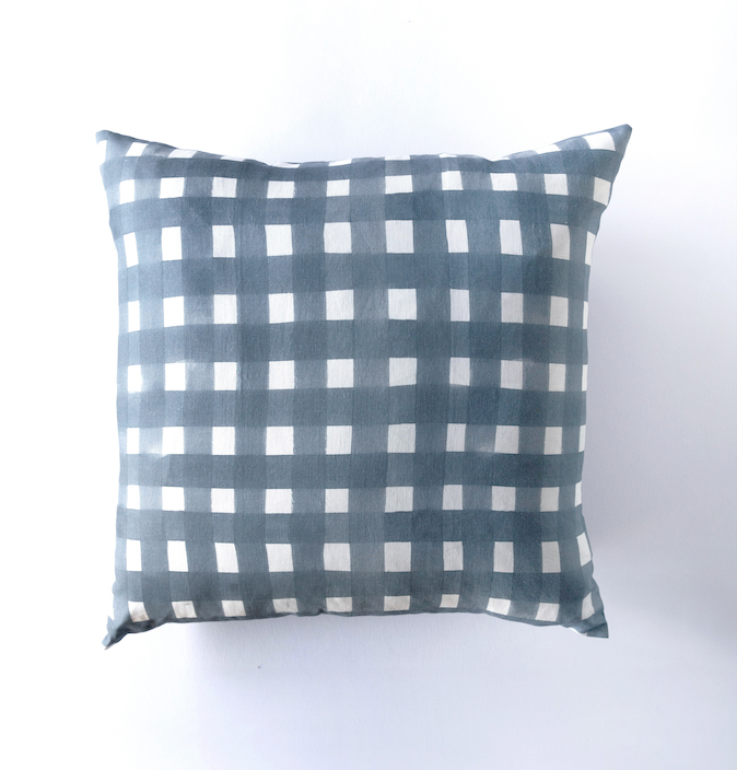 Blue Cross-Hatch linen throw pillow 20x20 with painterly brushstroke cross-hatch in cool blue - Goldie Home