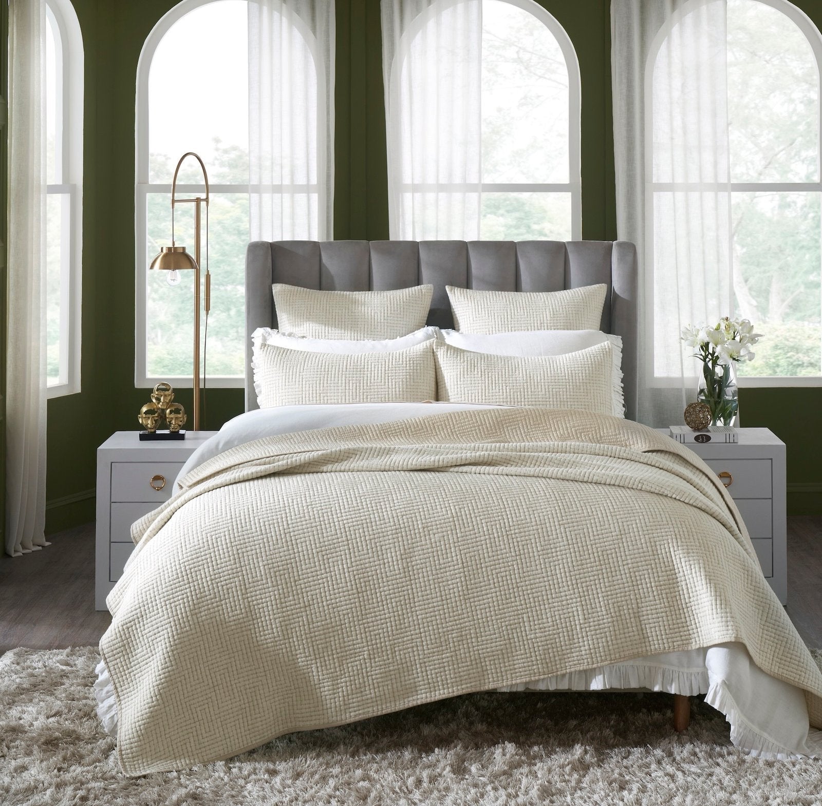 CL-259-9496_1|Cream textured geometric pattern coverlet neatly arranged on a bed, creating an inviting and elegant bedroom.