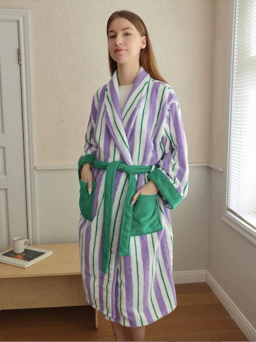 Ultra Soft Whimsical Retro Stripe Bathrobe - 100% Organic Long - stapled Cotton - Whimsical Retro Stripe Bathrobe - INSPECIAL HOME