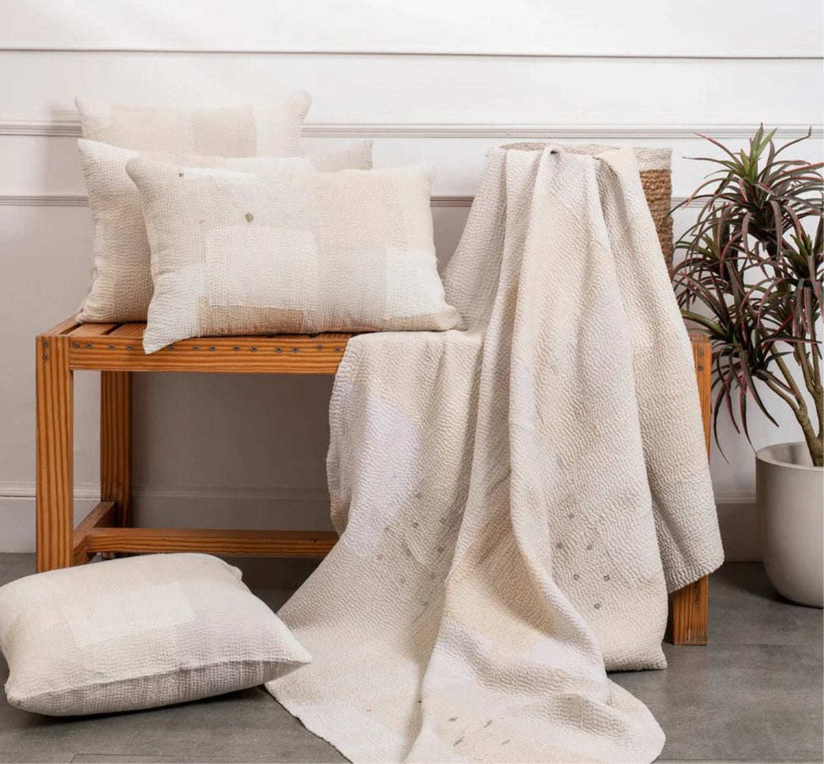 Mosaic Fray Patch  Vintage Kantha Throw-Cauliflower