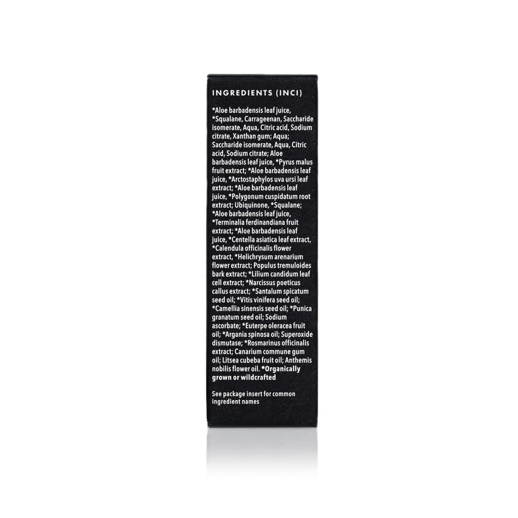 Wild Fruit Serum ingredient list on product packaging showing aloe, apple extract, plant oils, botanical extracts, and antioxidant-rich skincare ingredients.