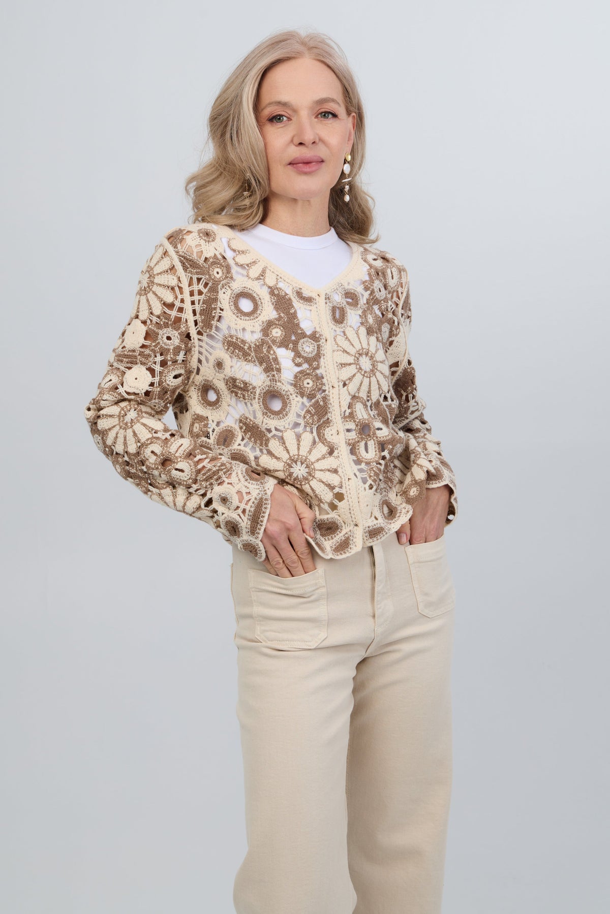 Flower Lace Crochet Jacket - Brown