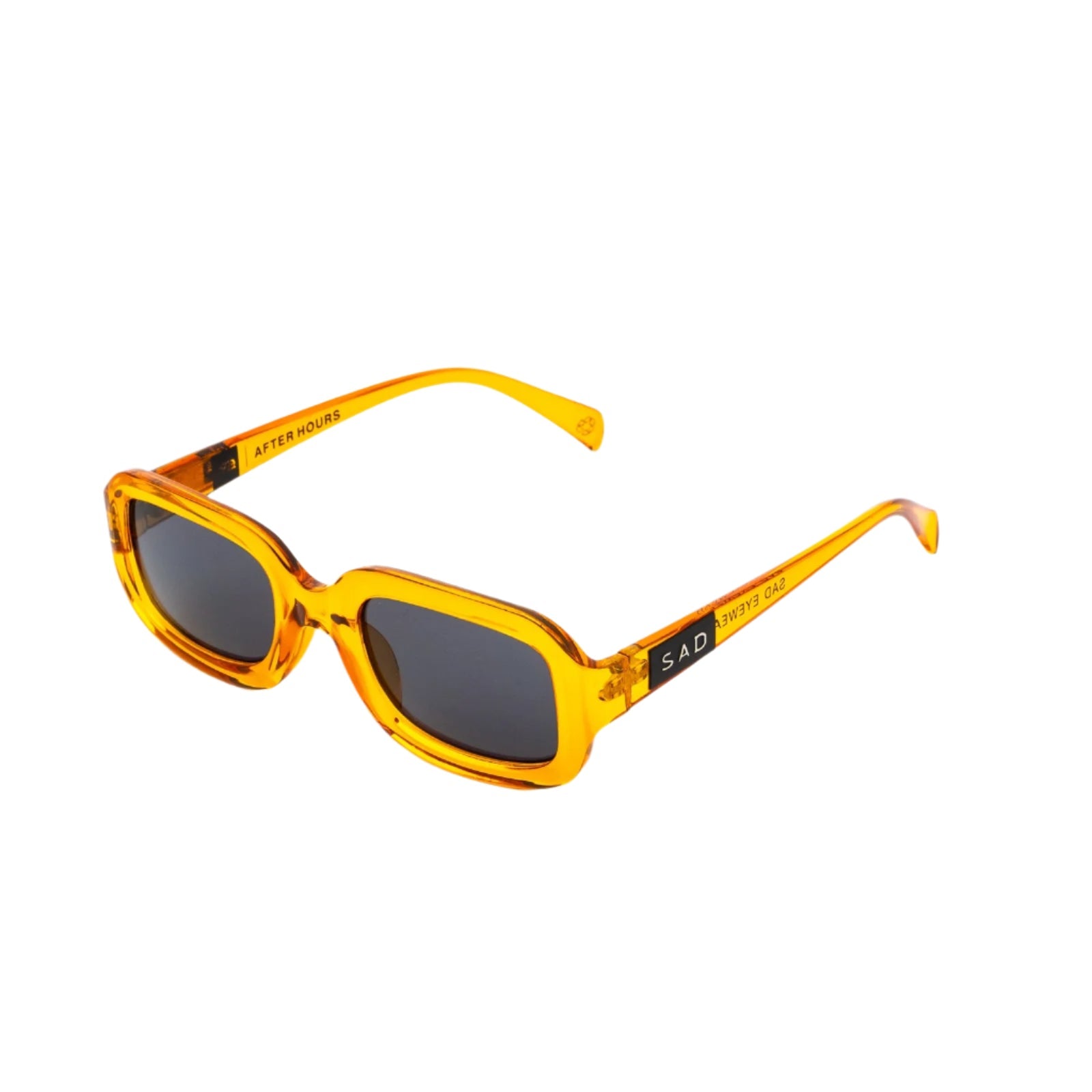 Yellow sunglasses with black lenses on a white background