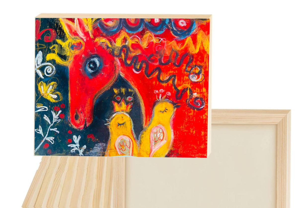Whimsical Folk Art Print, Horse and Birds in Red and Yellow, Playful Nursery Art, Soft Pastel Painting, Colorful Studio Art, Folk-Style - Leopard Frog