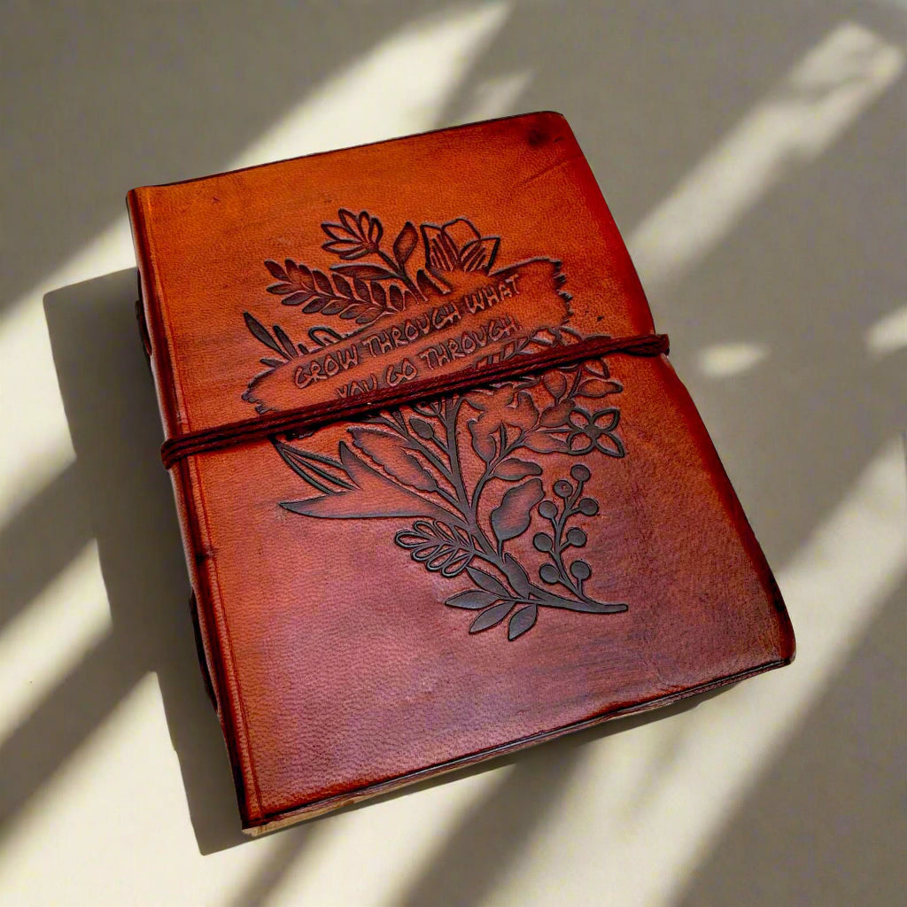Rustic leather-bound journal with ‘Trust the Journey’ embossed – sustainable and artisanal notebook