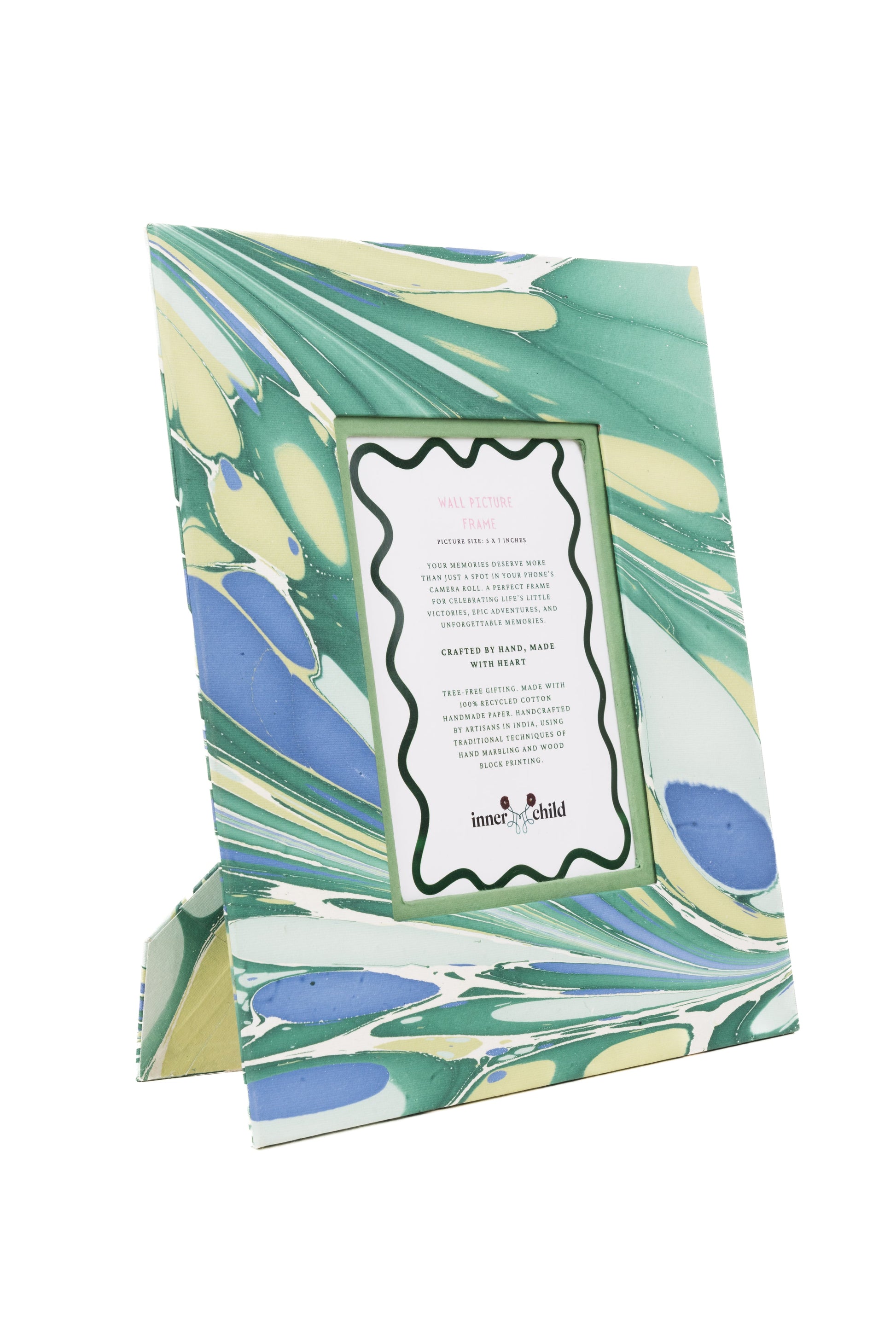 Hand-marbled large wall picture frame in green & blue 5x7 inches with insert card