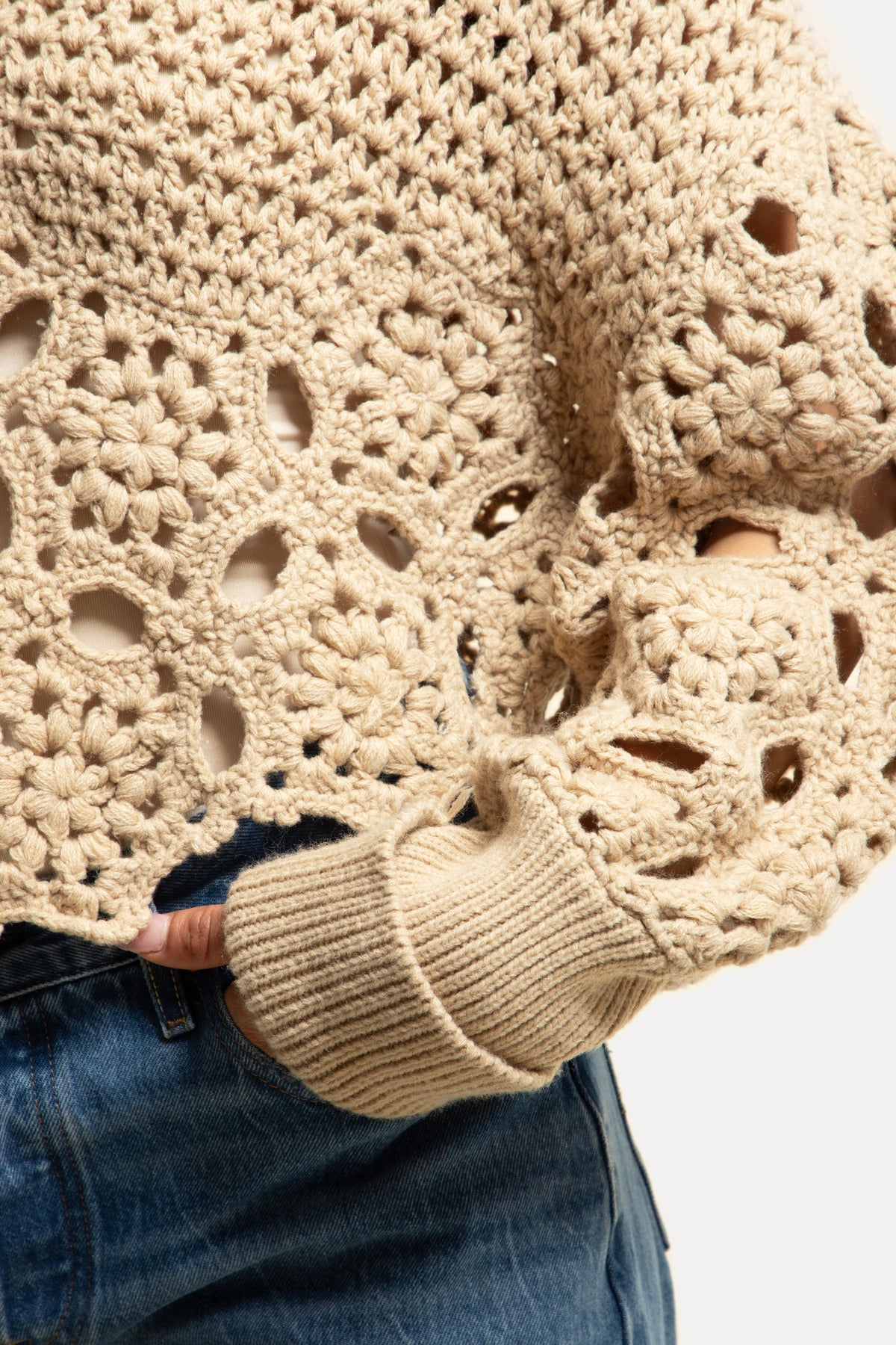 Floral Crochet Pullover Sweater - Beige