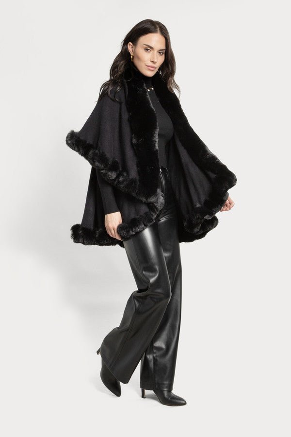 Layered Kimono Faux Fur Cape - Black