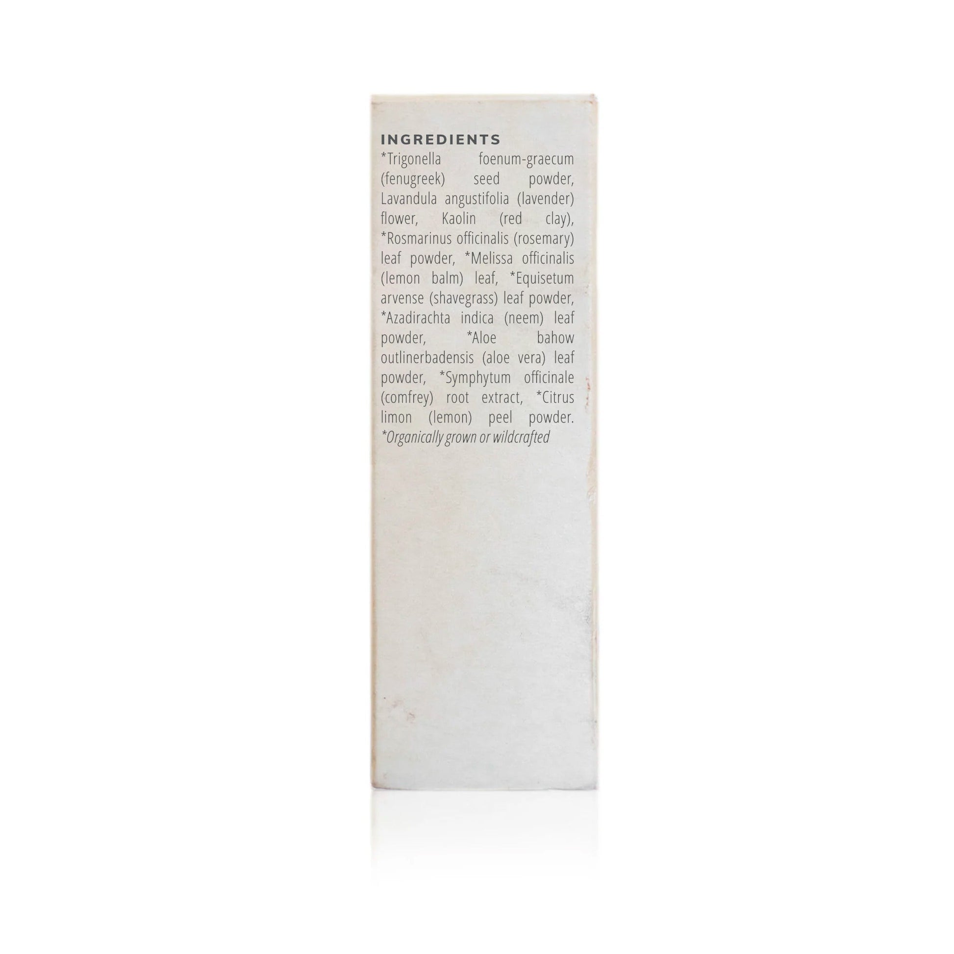 Annmarie Ayurvedic Facial Scrub packaging showing full ingredient list of herbal powders and clays used in the dry herb exfoliant.
