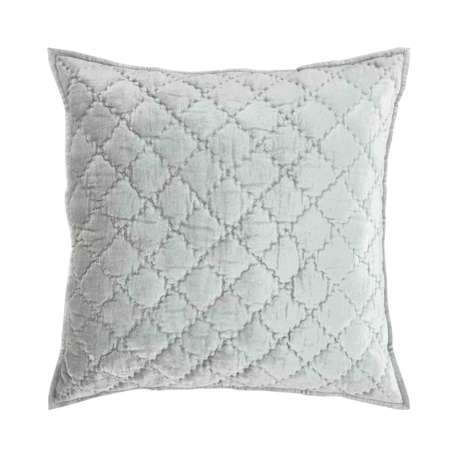 ES-356-2626-LOT1_1|Soft light blue-grey quilted square pillow with intricate diamond quatrefoil pattern, perfect for elegant home decor.