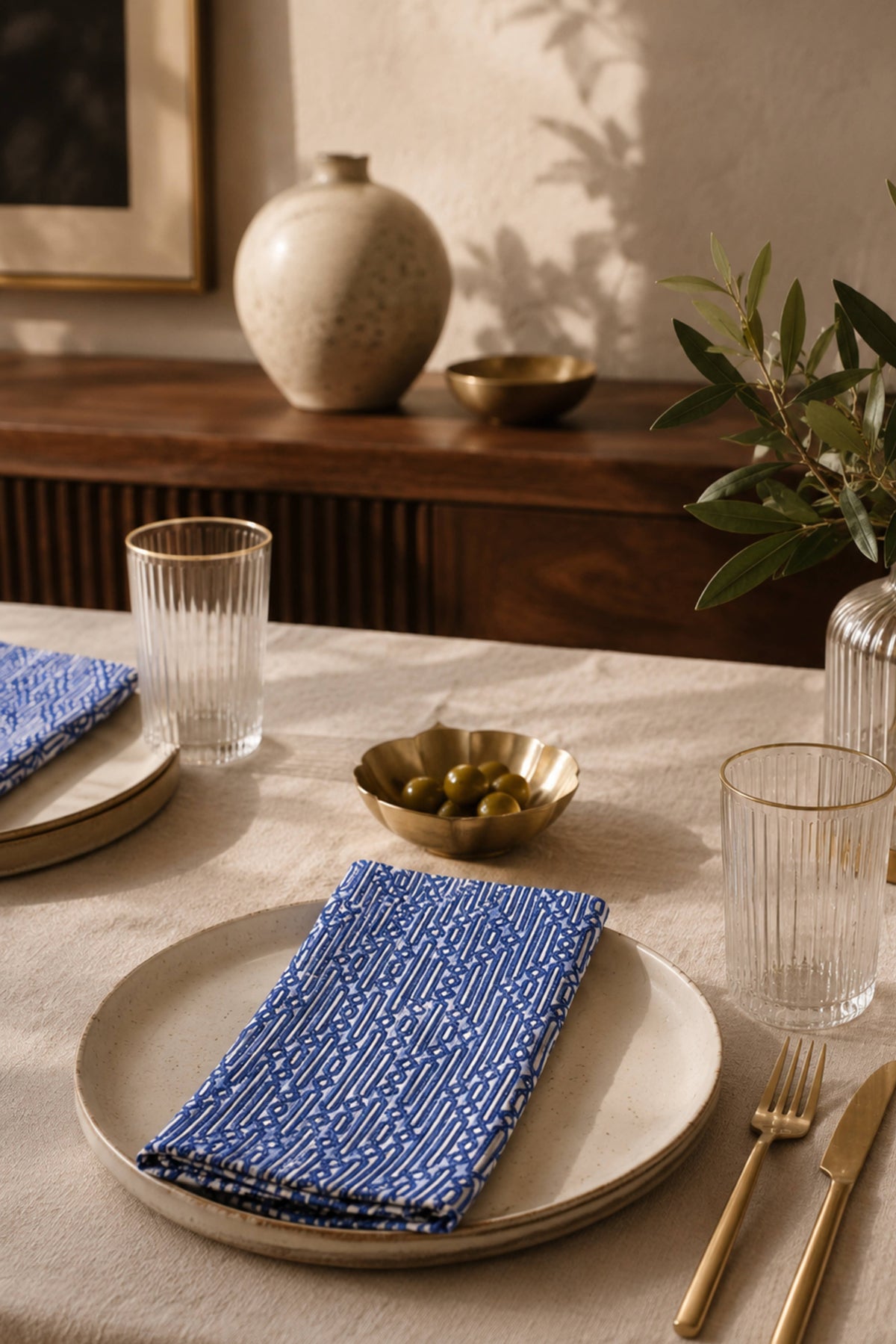Parijat Blue Geometric Large Block Print Napkins (Set of 4)
