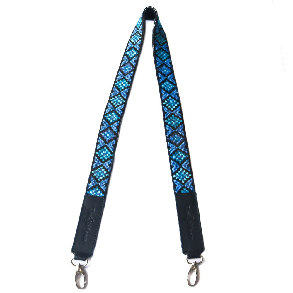 Mai Woven Bag Strap - Blue, green, and black crossbody woven hand embroidered cross stitch bag strap - Tin Marin Brand - Crossbody strap bag for women - handwoven bags and straps made by artisan communities