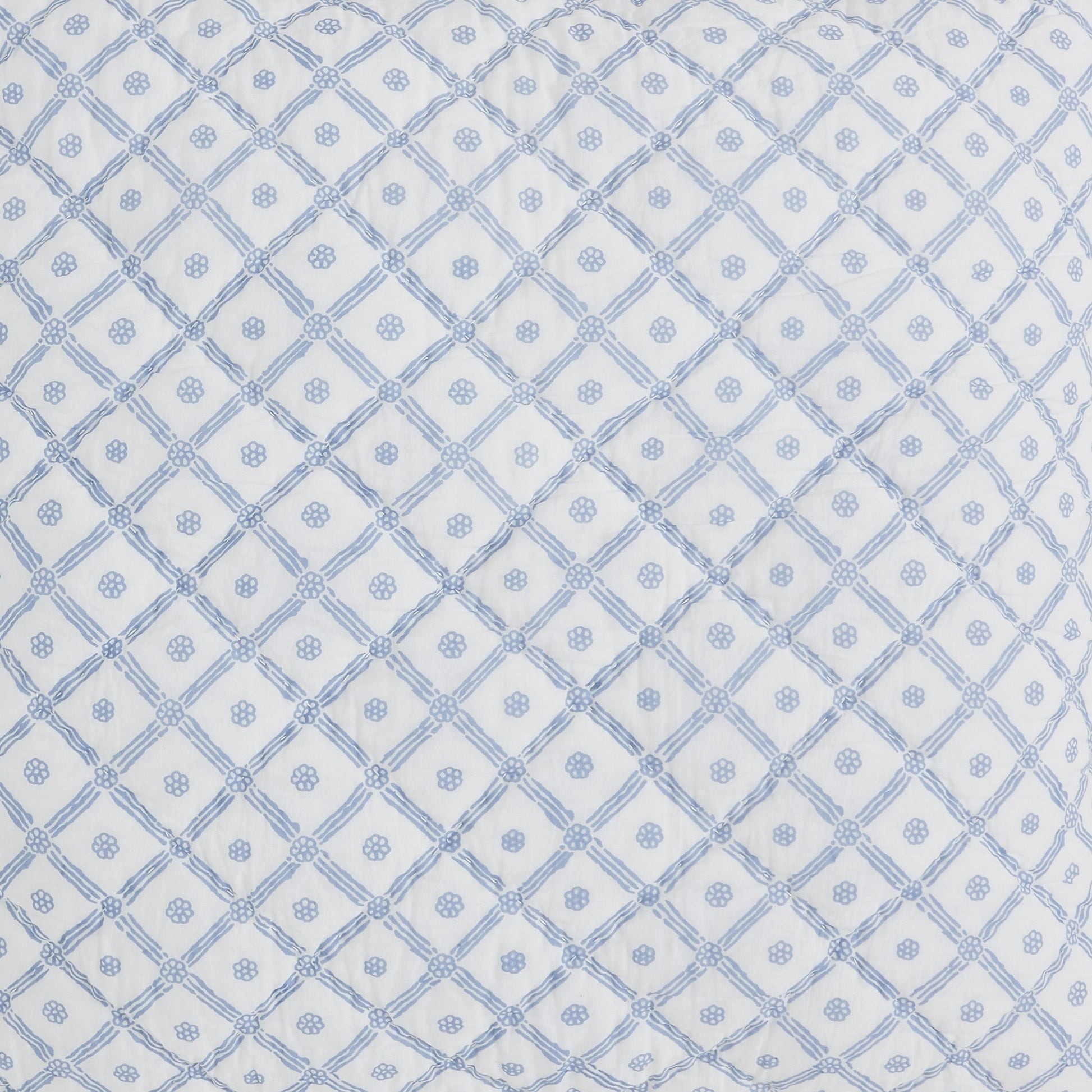 ES-345-2626_3|Close-up of a vibrant white and blue patterned quilt, showcasing intricate geometric and floral details for charming bedroom decor.
