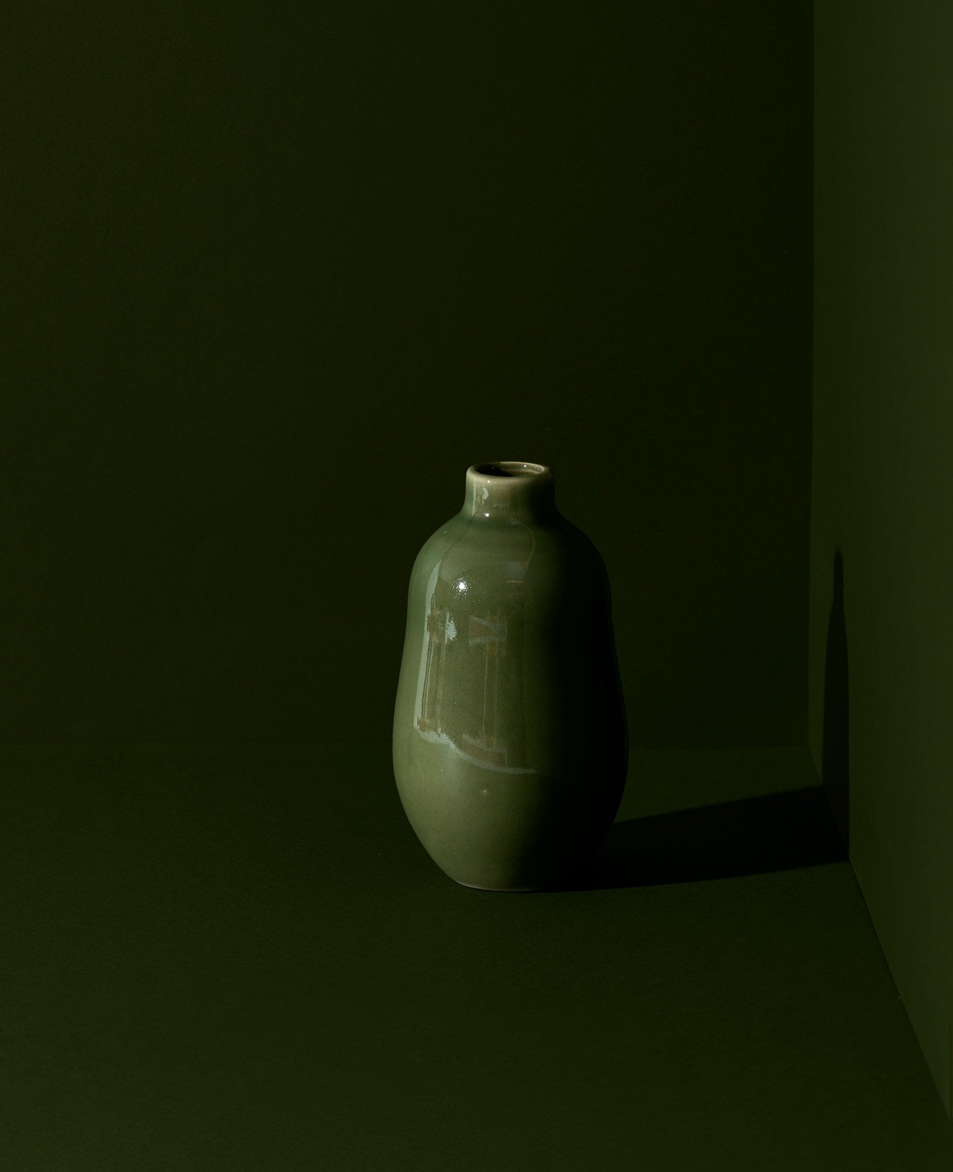 Matte green handmade stoneware vase with a minimalistic design, displayed against a matching green background for a monochromatic, modern aesthetic.