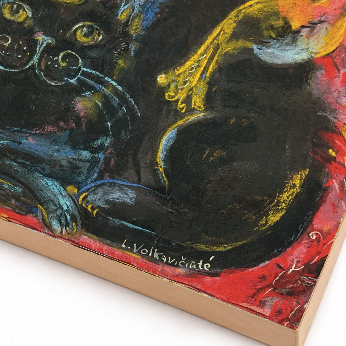Crowned black cat with bird red folk art print, close-up detail of print and wood edge