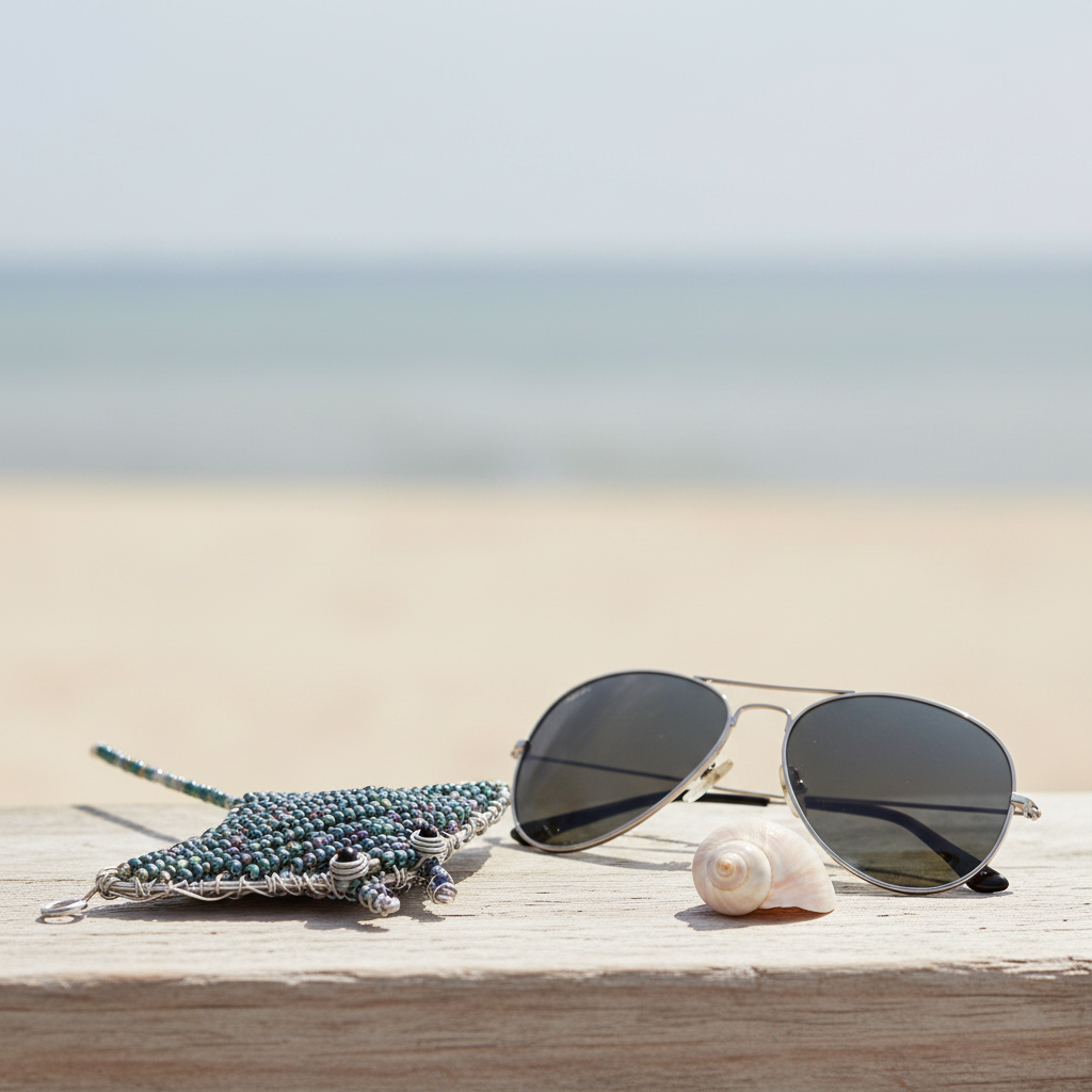 Manta Ray Keyring lifestyle photo on wooden surface with ocean accessories