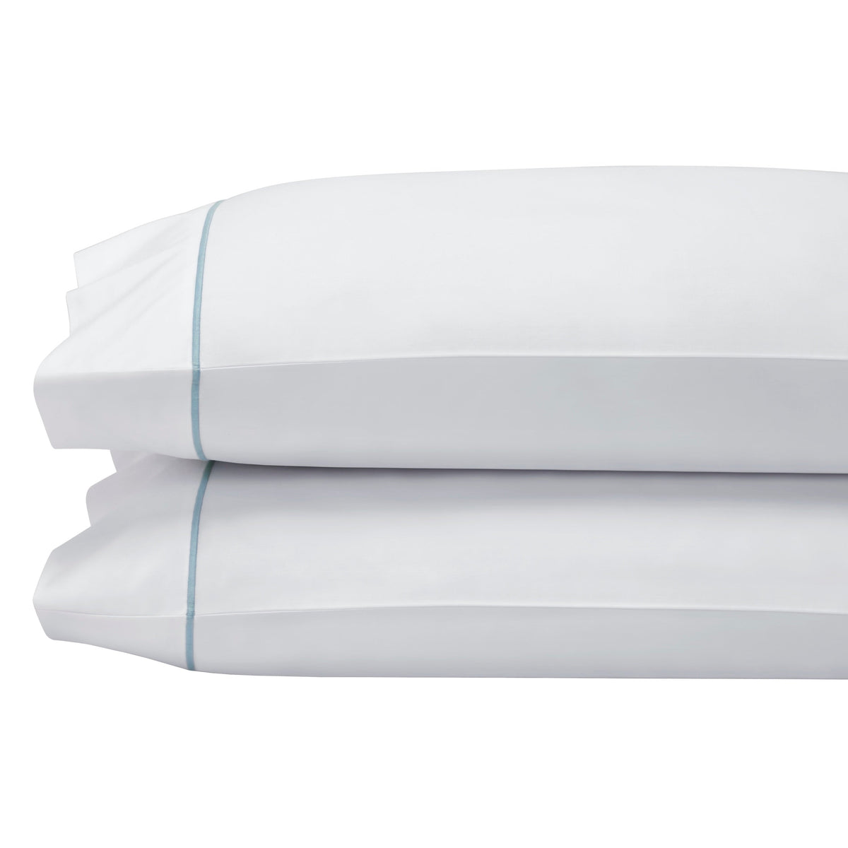 AKP-530-2040_1|White 100% cotton pillowcases, sateen weave, stacked horizontally, with a single light blue stitched piping detail.