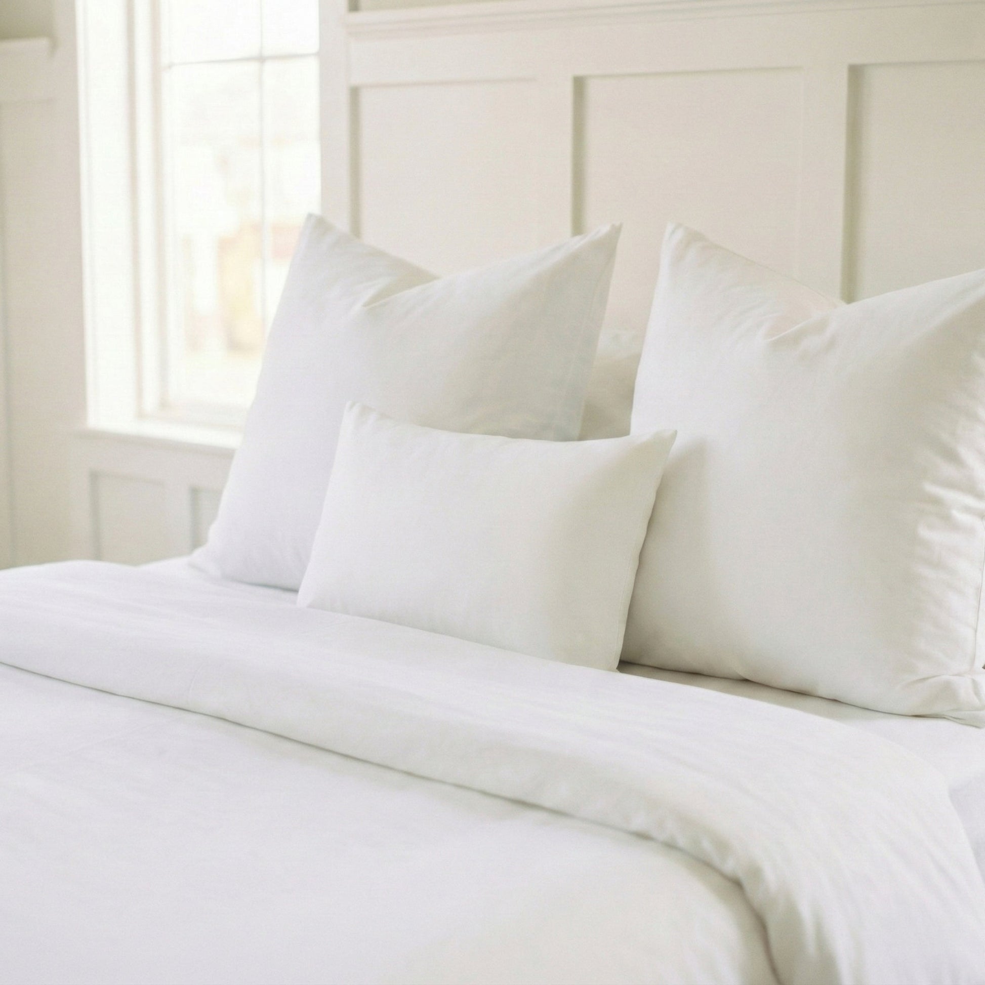 PI-2520-1216_1|Crisp white pillow inserts on a bed, providing plush support and hypoallergenic comfort for a restful sleep experience.