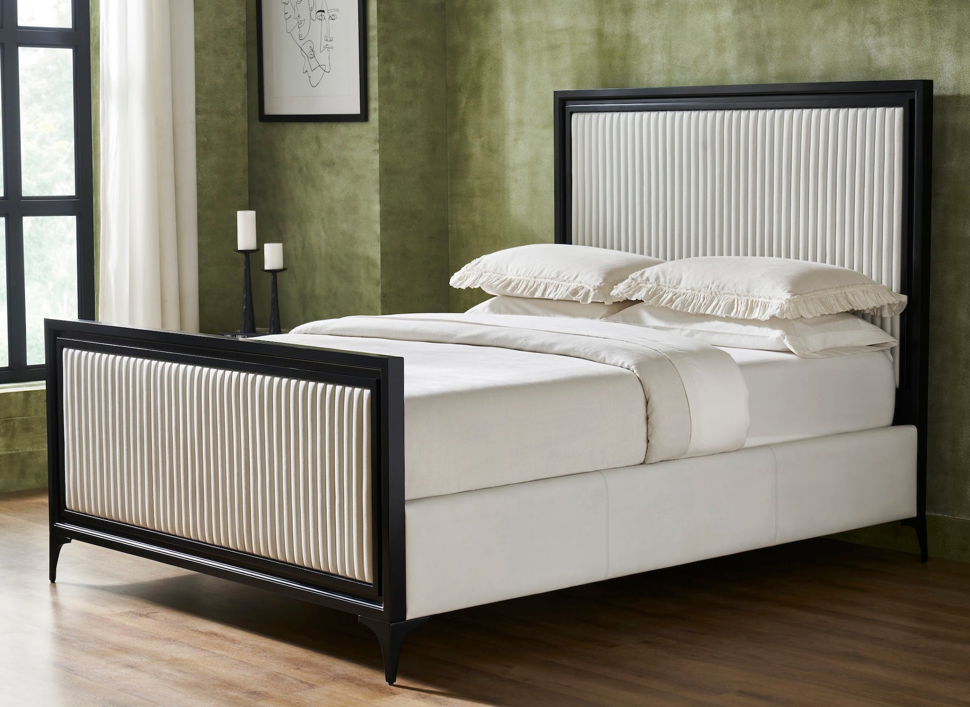 FN-5209-7680_1|Luxurious white leather bed with a black frame, vertically slatted headboard and footboard. Modern bedroom leather furniture design.