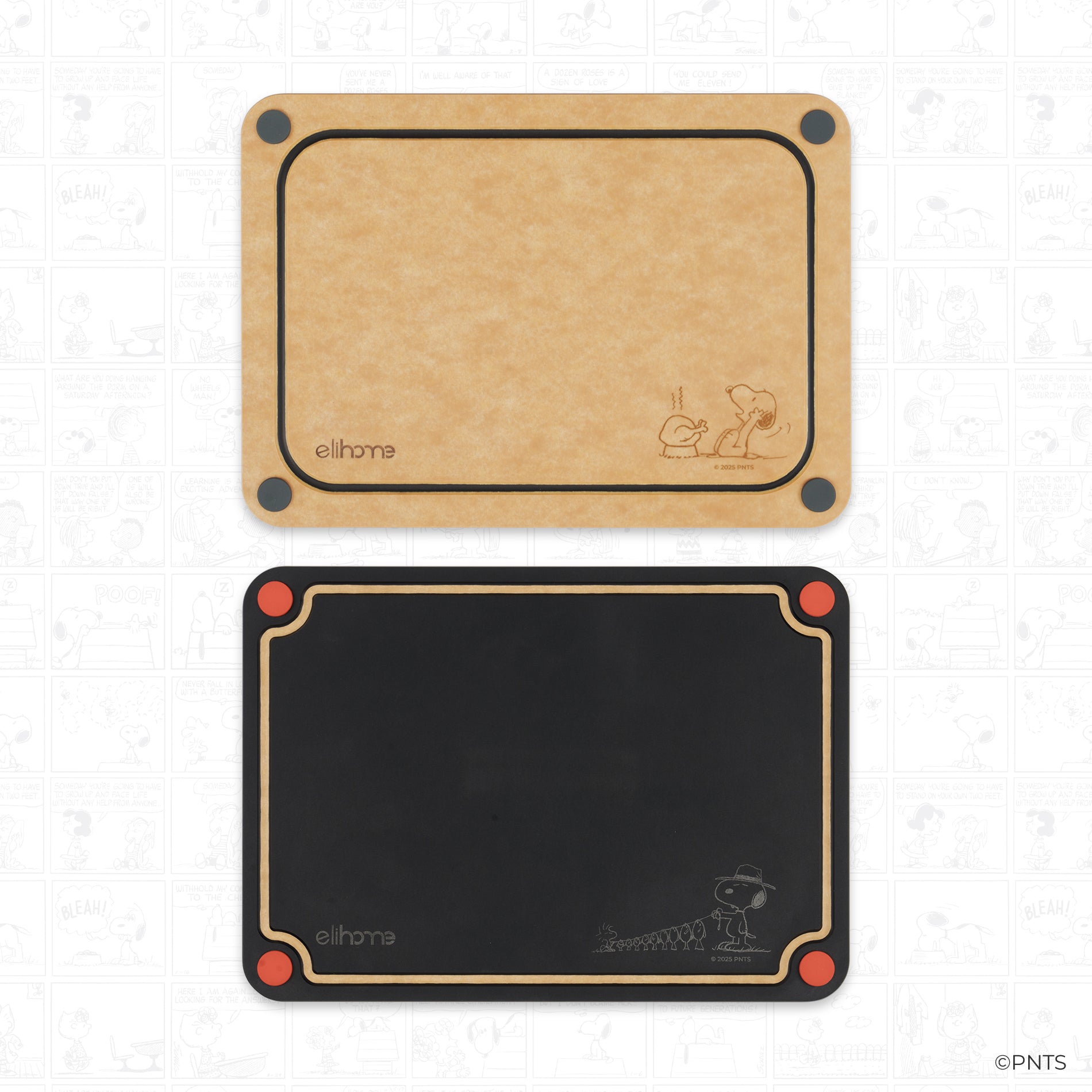 Four food preparation mats with different labels for food categories on a white background.