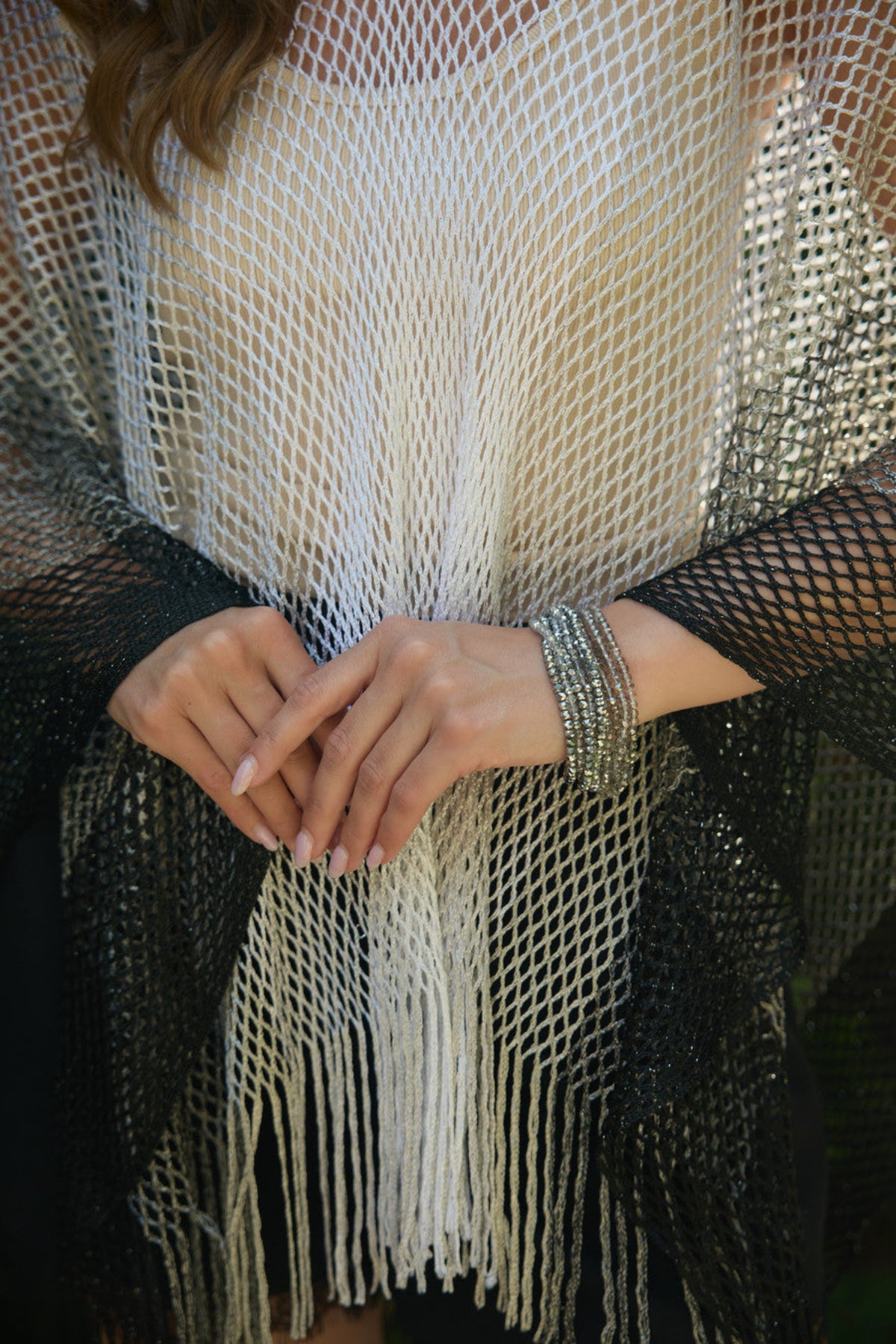Metallic Fringe Poncho - Silver