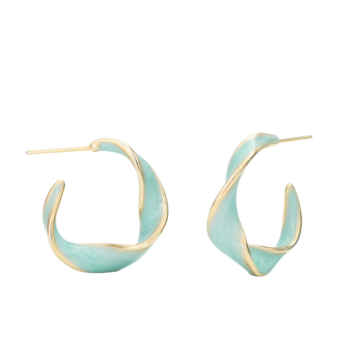 Photo of mint colored and gold earrings, mint hoops, gold earrings, sustainable fair trade jewelry, 14k gold, women's earrings