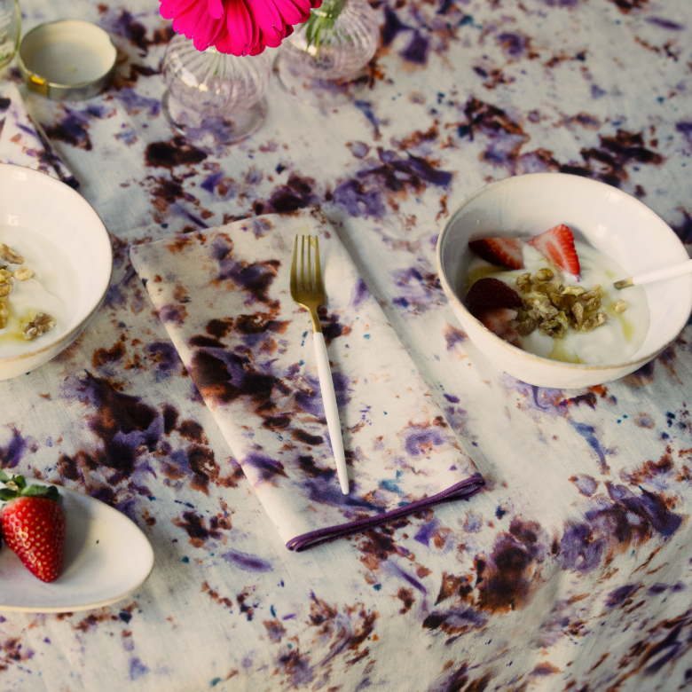 Rose Marble linen tablecloth styled on holiday dinner table - Goldie Home