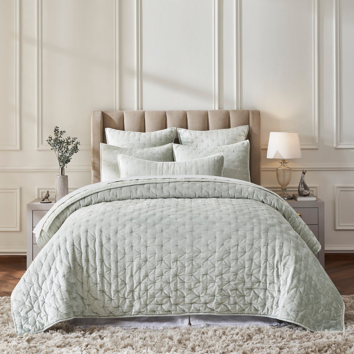 QT-371-11096_1|Elegant mint green velvet quilt set, featuring intricate pintuck diamond patterns, draped beautifully over a king-sized bed.