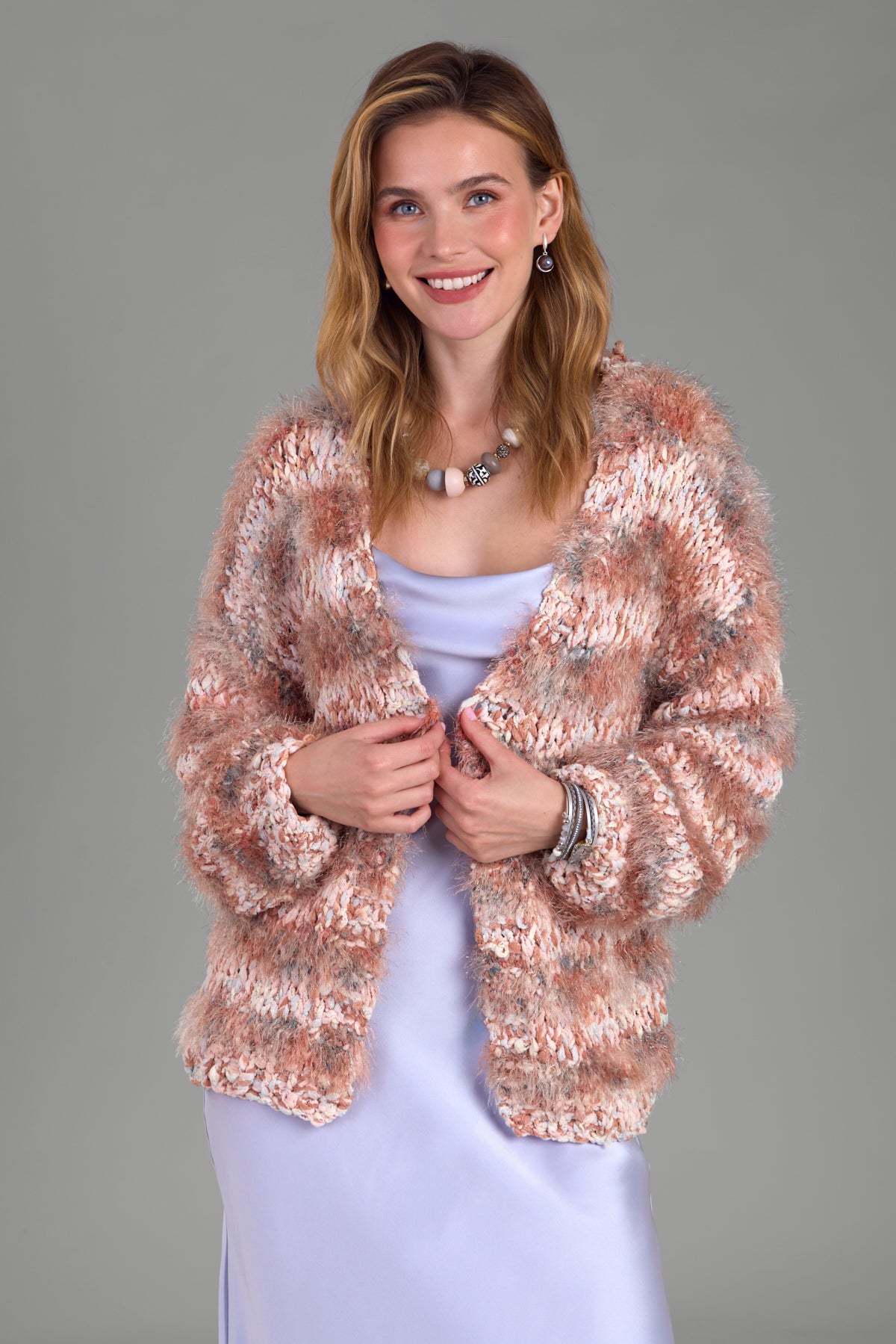 Eyelash Hand Knit Cardigan - Seashell