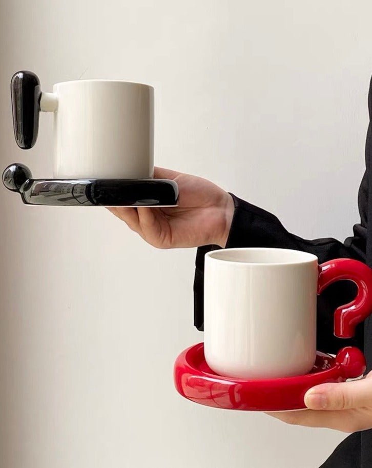 Handmade !? Ceramic Coffee Mug with Saucer - Unique Cute Funny Novelty Mugs - Mugs - !? Ceramic Coffee Mug-Black Question Mark - INSPECIAL HOME