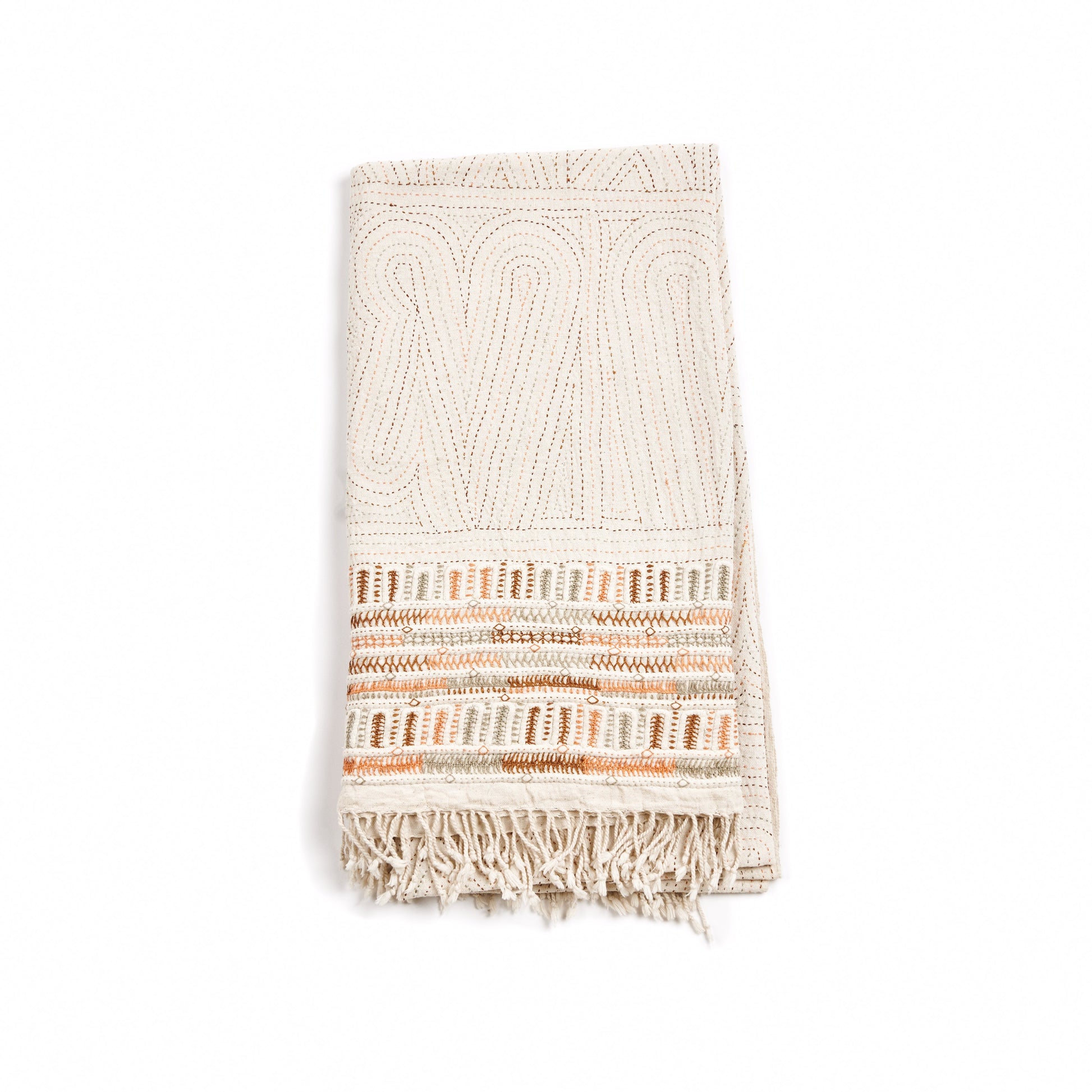 Unah Coral Hand Embroidered Handwoven Cotton Artisan Throw showcasing intricate designs and soft textures.