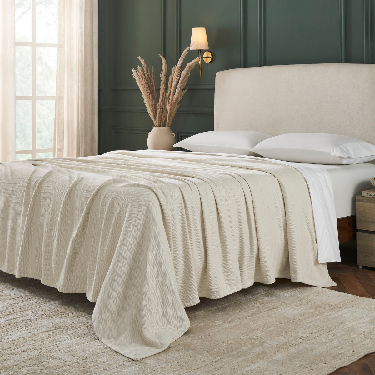 BL-866-11096_2|Full beige herringbone pattern blanket covering a bed, offering warmth and a stylish textured layer to the bedroom.