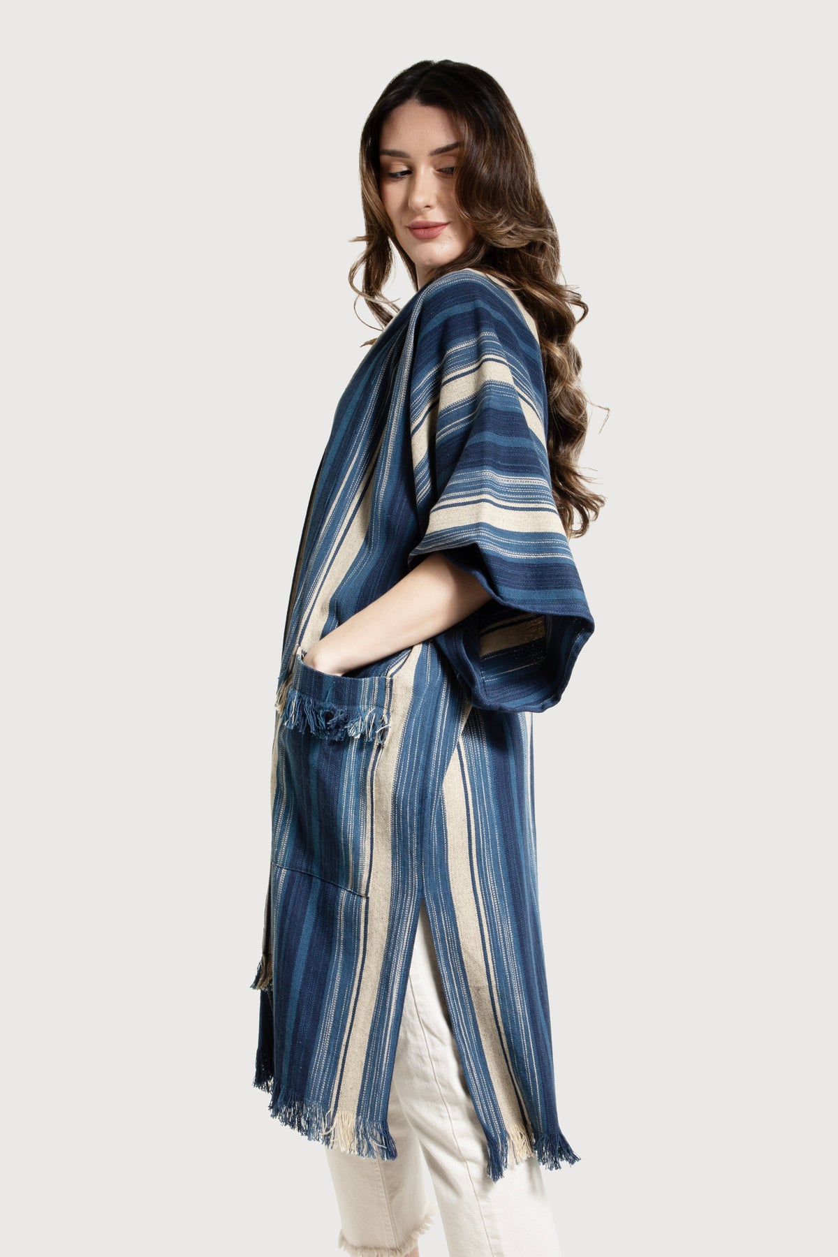Striped Cotton Fringe Kimono - Steel Blue