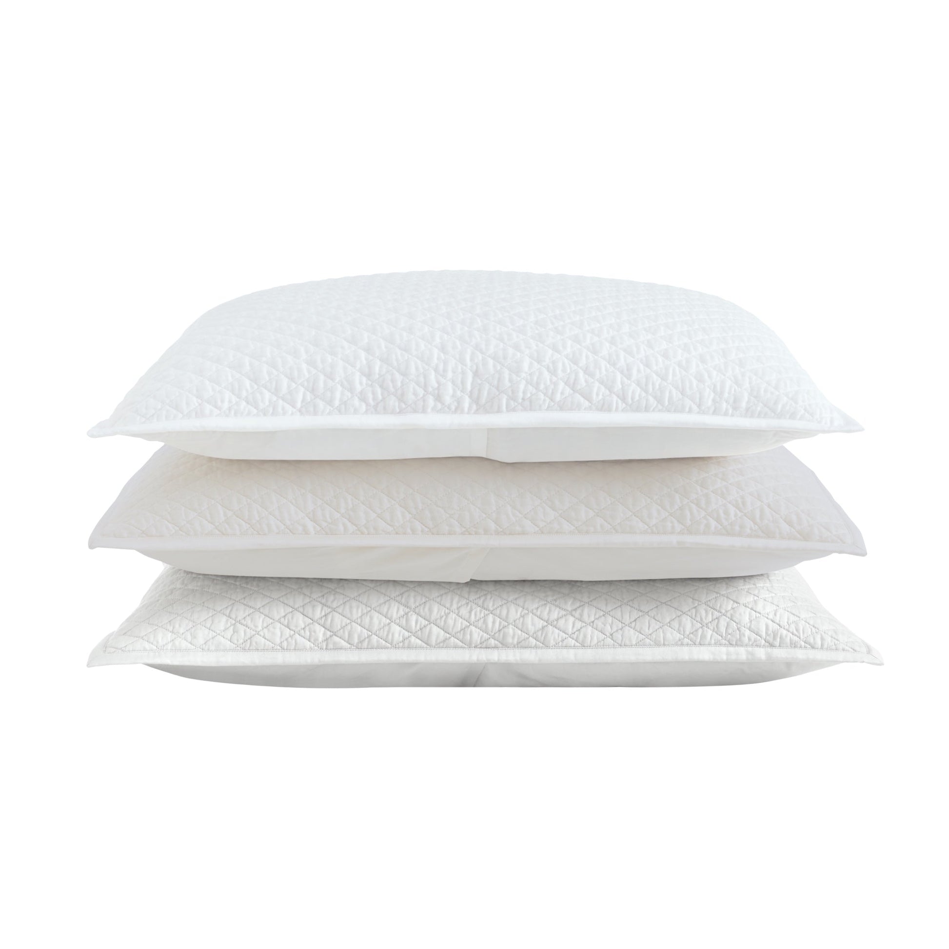 SS-264-X_2|Stacked white, cream, and silver quilted pillows featuring diamond stitching, premium soft comfort for bed styling.
