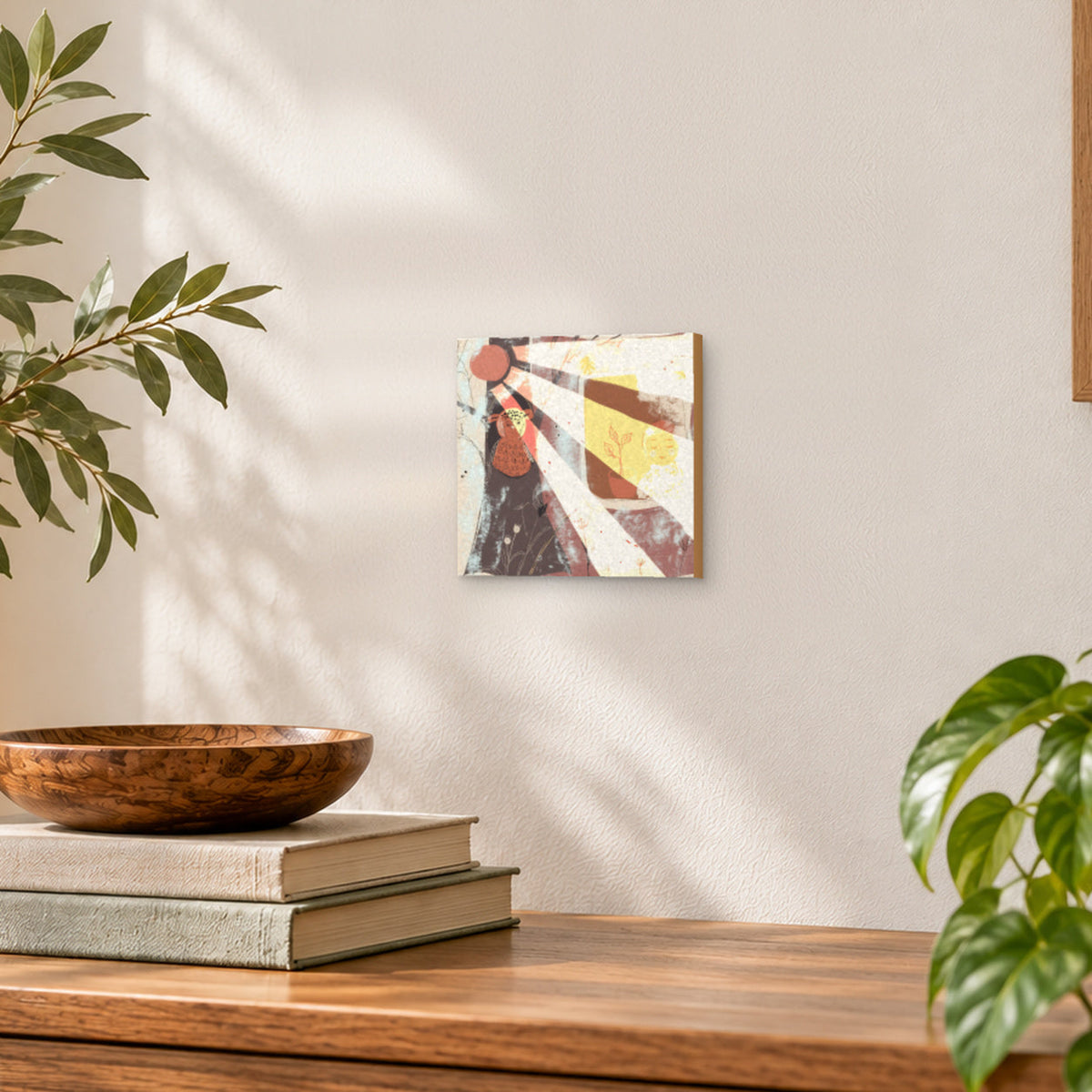 Morning Sunlight girl in window and owl in tree art print, styled on a wall in a room