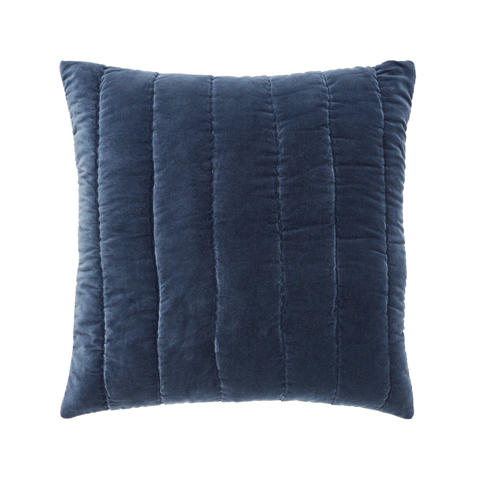 SS-335-X_1|Luxurious navy blue velvet decorative pillow, featuring elegant vertical channel quilting, adding texture to sofa. (119 chars)