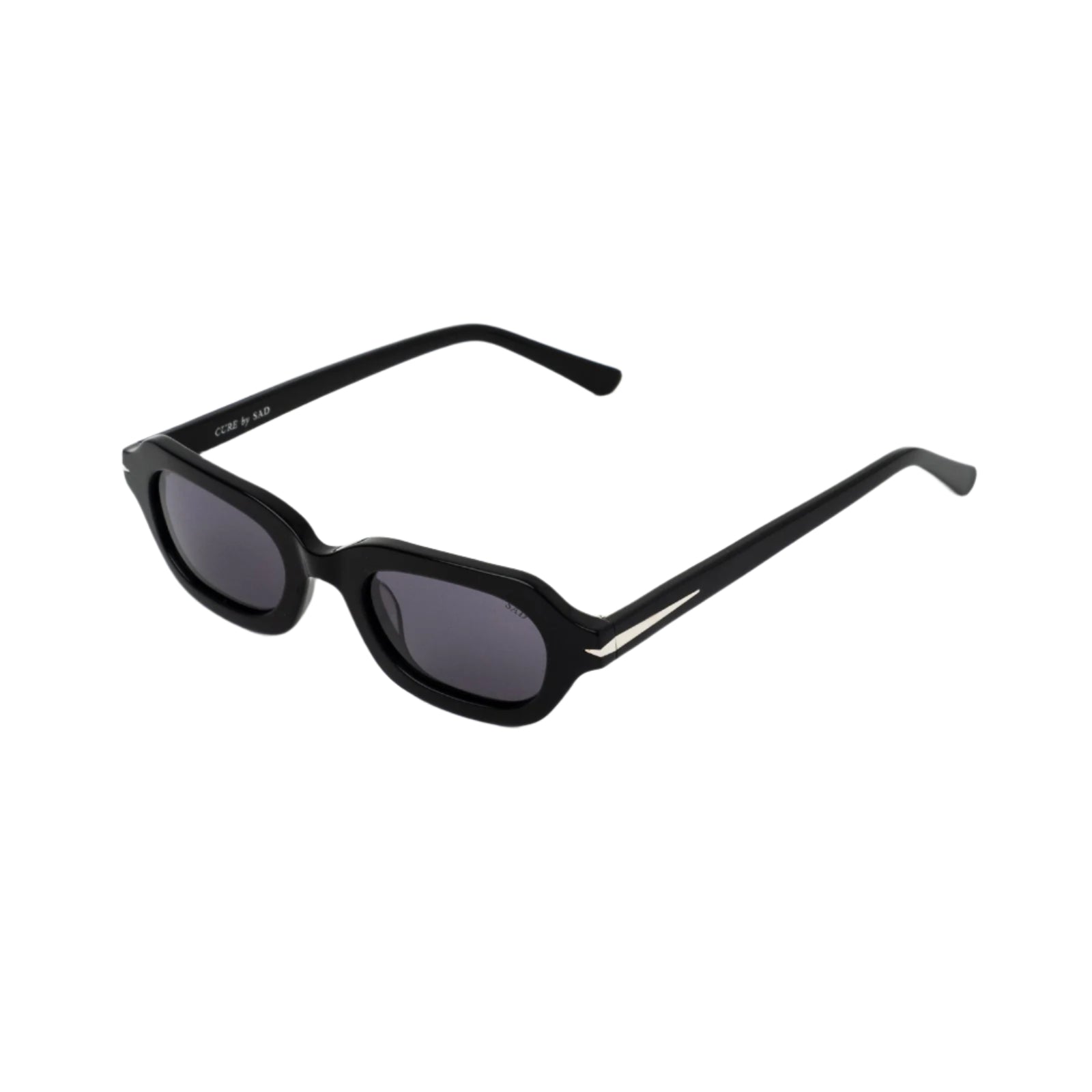 Black sunglasses with dark lenses on a white background