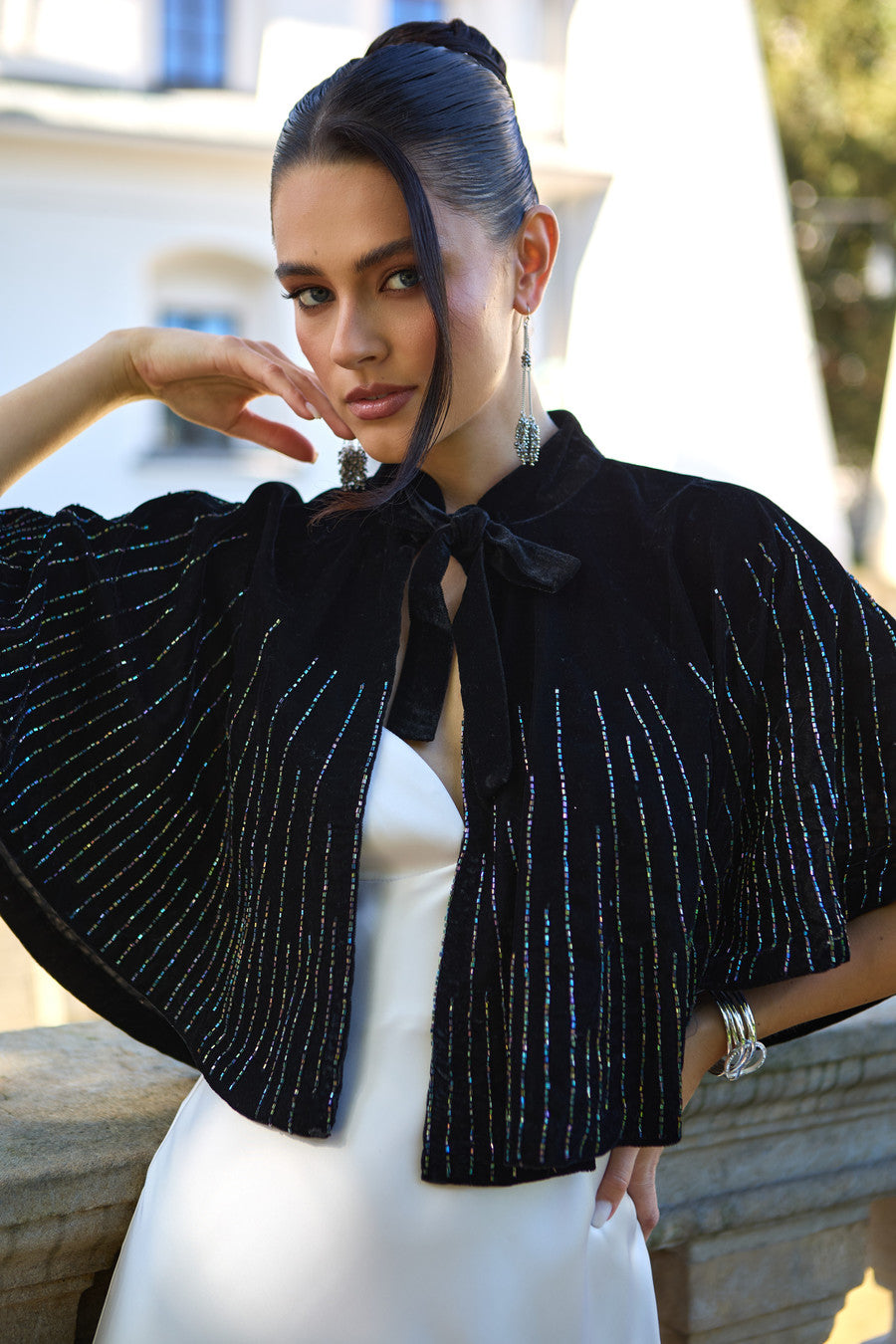 Velvet Crush Embellished Capelet - Black
