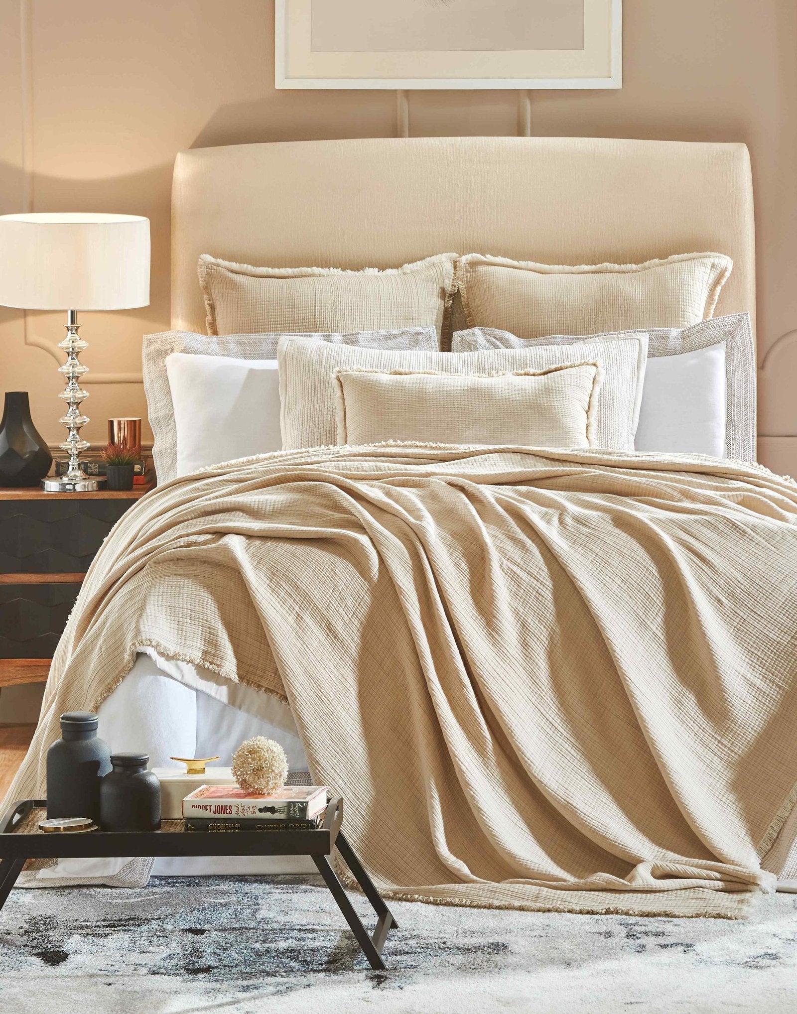 BT-101-11096_1|Cozy beige textured blanket with a crinkled finish and fringed edges, perfect for adding warmth and rustic charm to any bed.