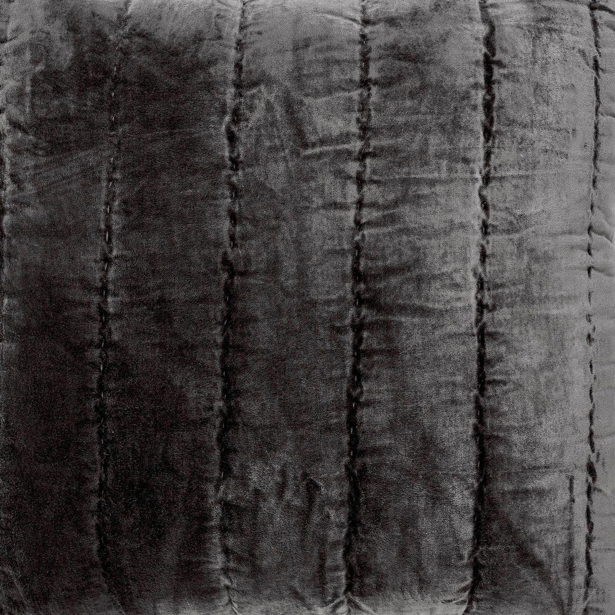 QT-338-9496_6|Rich charcoal grey velvet quilt with elegant vertical channel stitching, ideal for sophisticated, warm bedding.